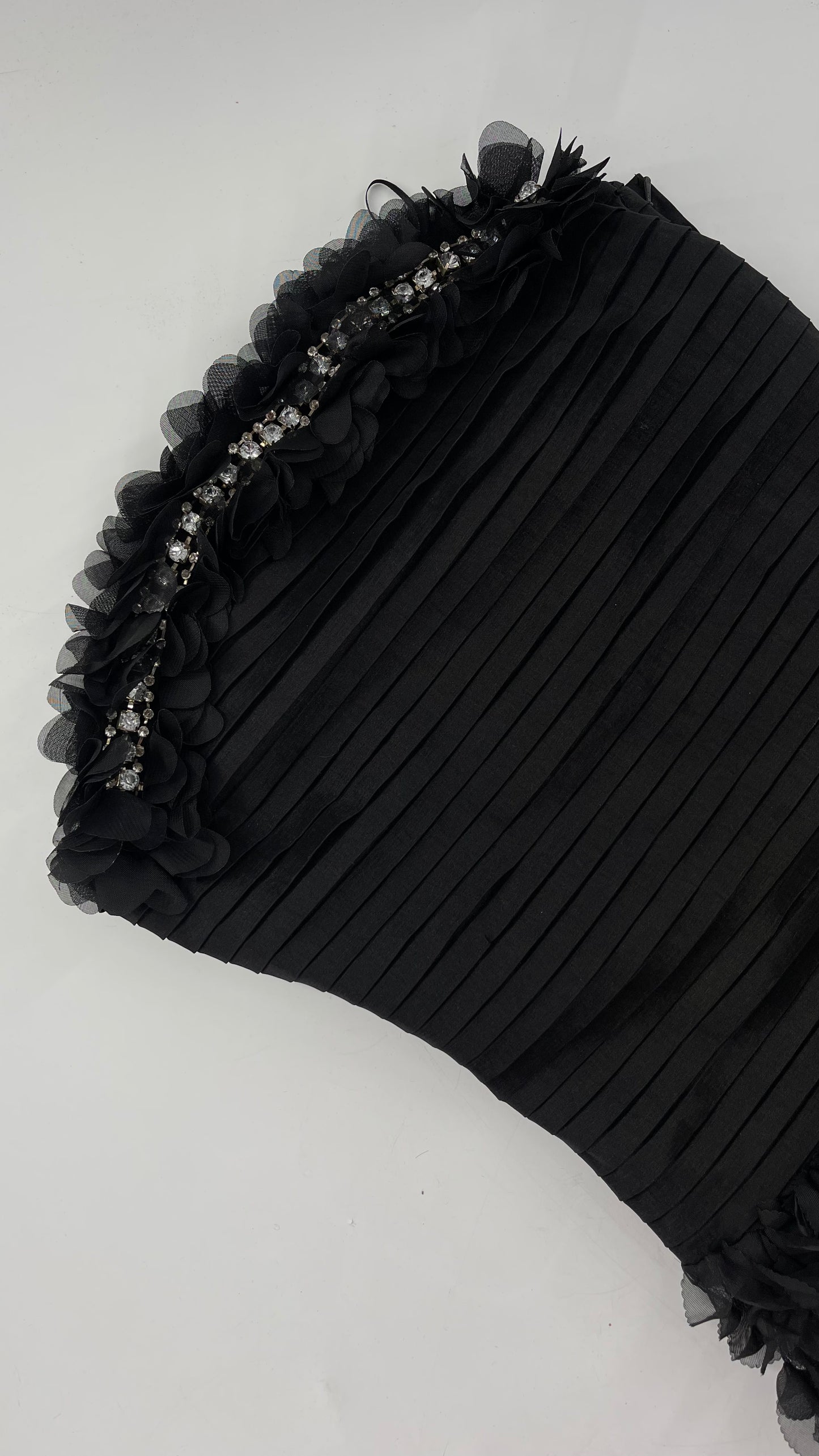 C.O:GWBG Black Dress with Pleated Bodice, Floral Ruffled Skirt and Bedazzled Bustline (S/M)