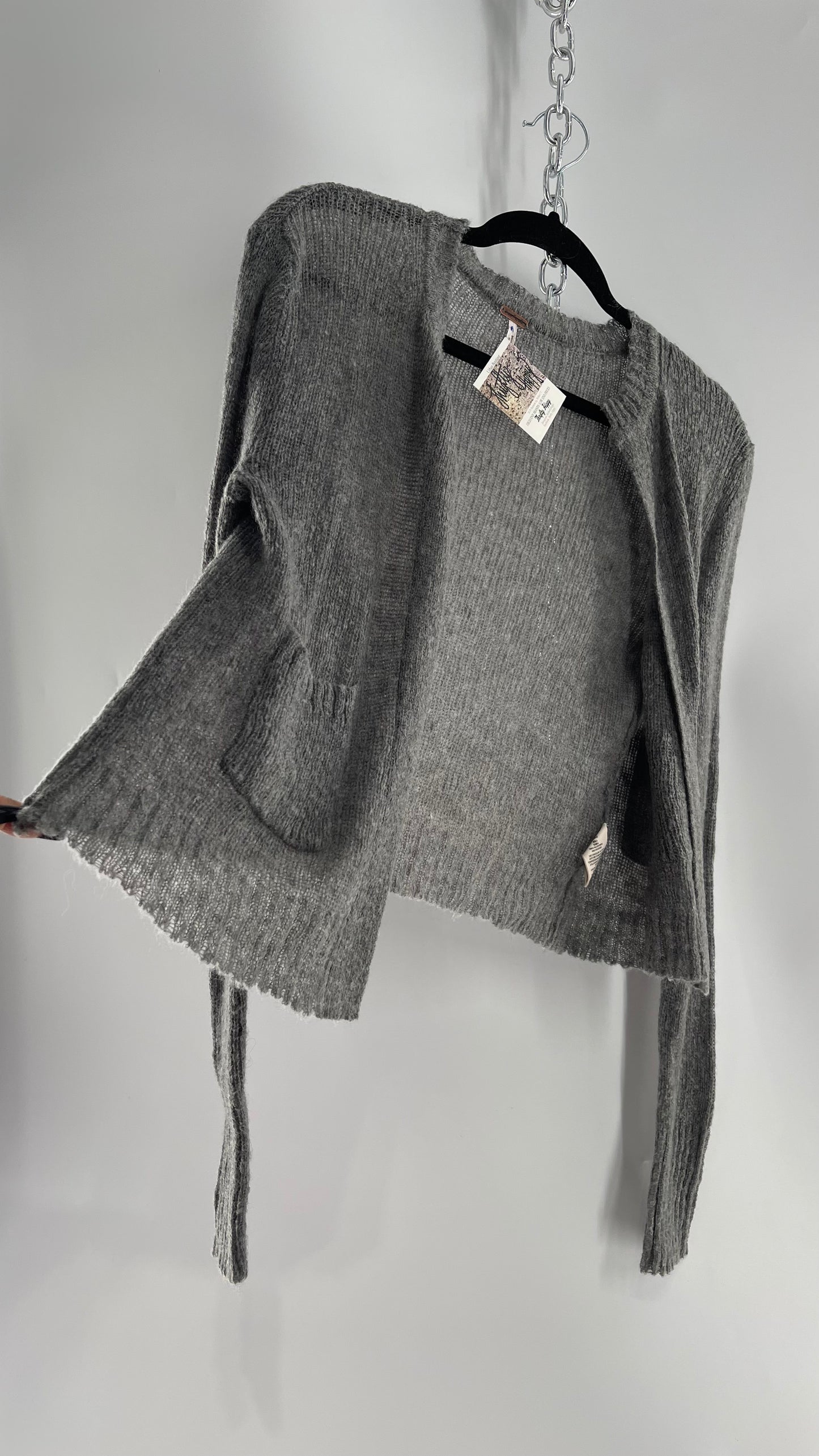 Free People Gray Pocketed Cropped Cardigan (XS) 29% Mohair 21% Wool