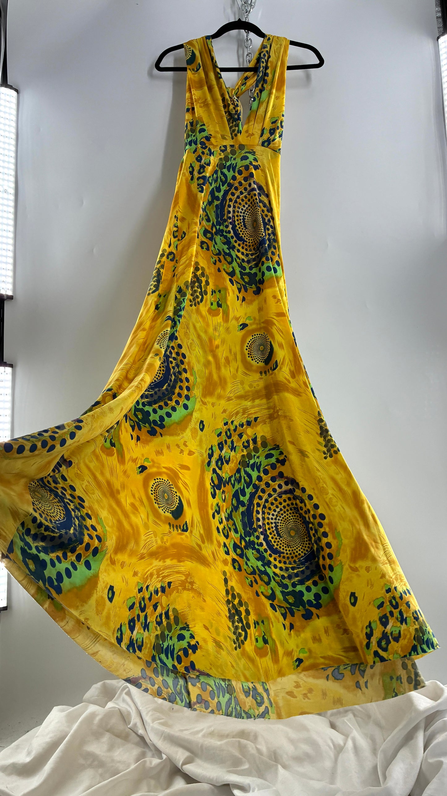 Vintage NARCISA LANG Lycra Full Length, Backless Yellow Dress with Graphic Pattern (XS/S)