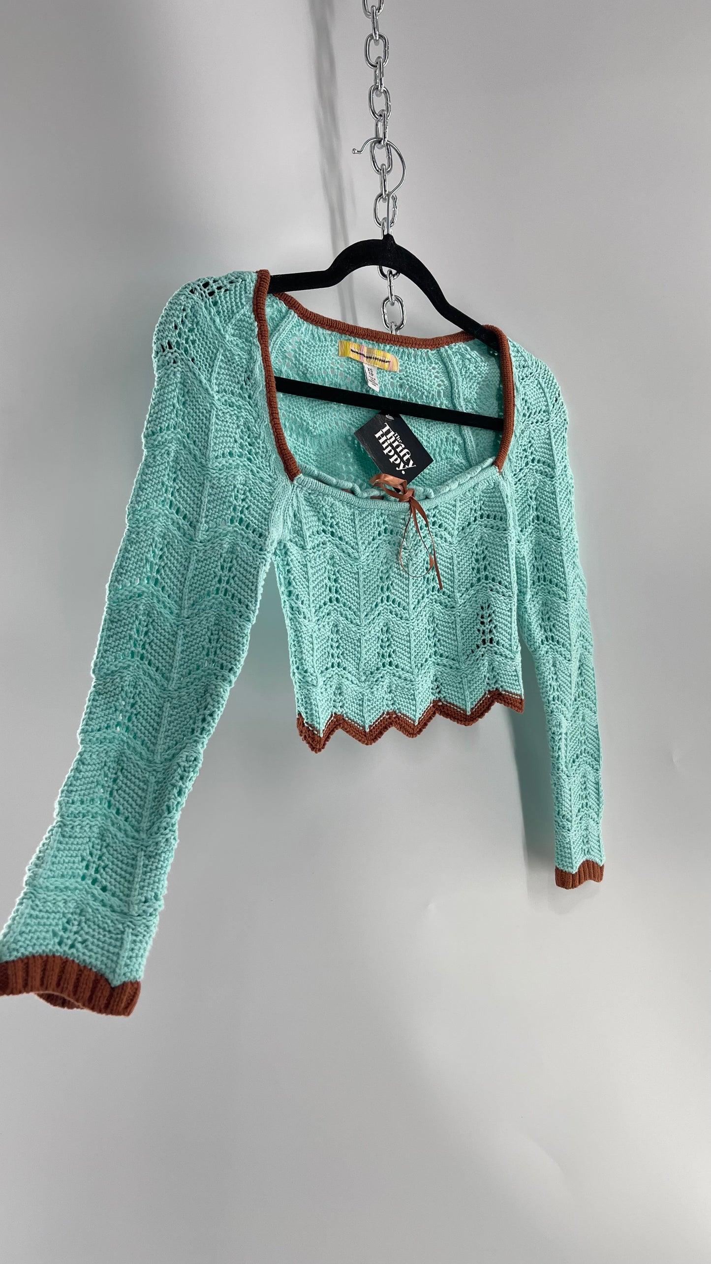 Urban Outfitters Baby Blue Cropped Knit Top with Brown Piping and Ribbon Neckline (XS)