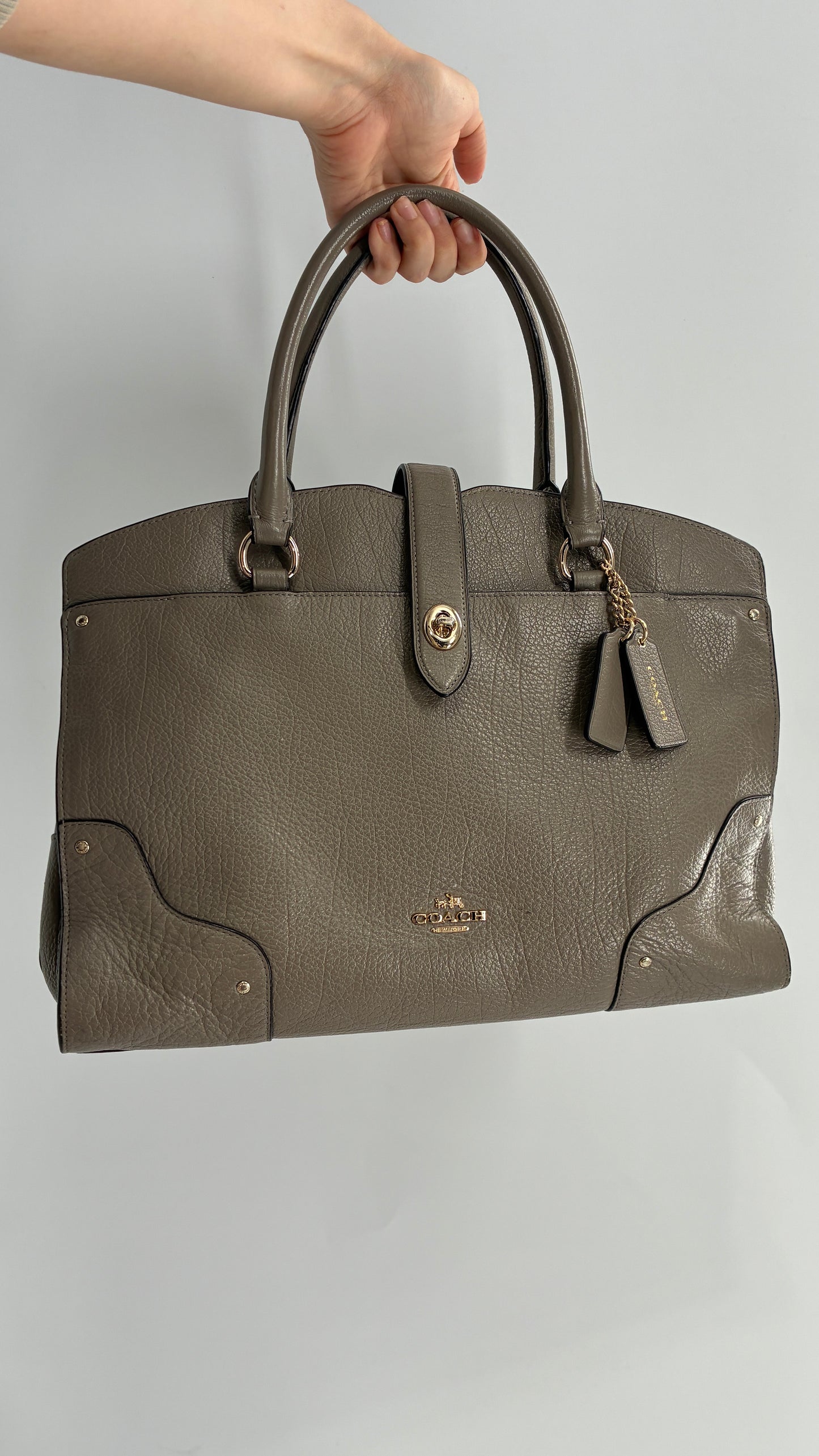 COACH Mercer Satchel 30in Grain Taupe Leather Bag with Multiple Sections and Pockets