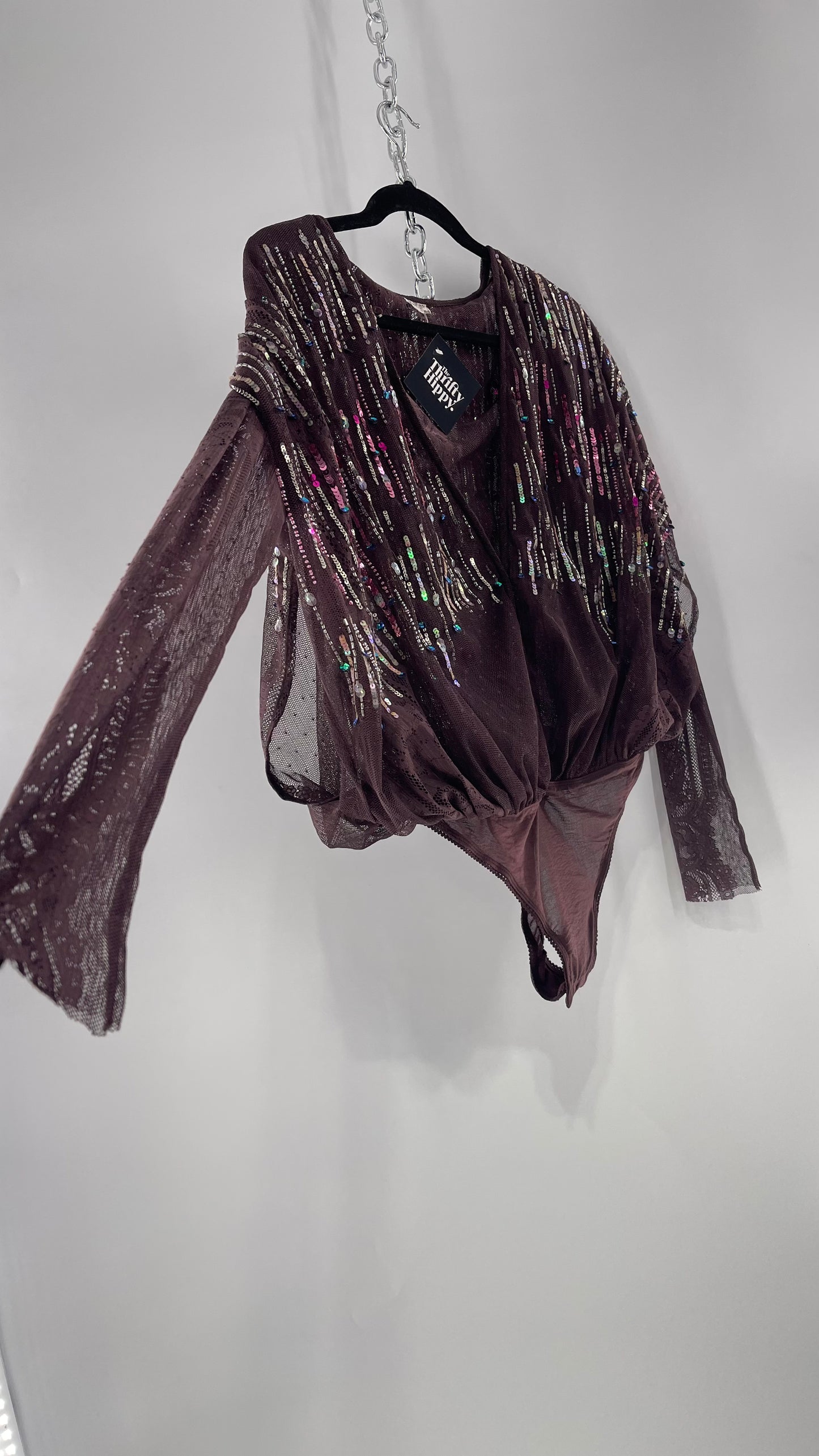 Intimately Free People Plum Mesh Bodysuit with Lace Sleeves and Beaded/Sequined/Embellished Body (Medium)