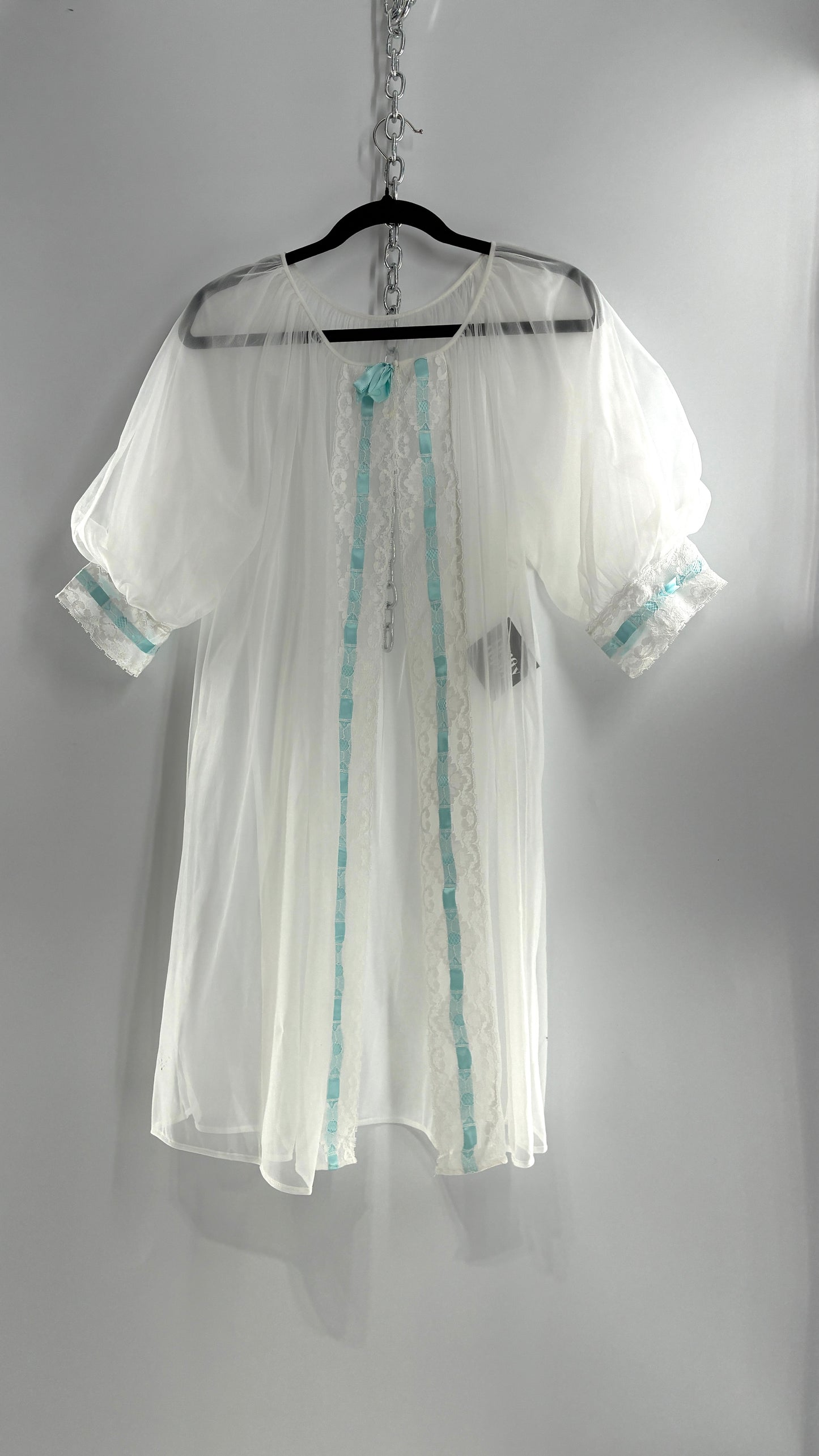 Vintage White Tulle Dress Cape with Oversized Puff Sleeves, Lined with Lace and Baby Blue Ribbon Trim (Medium)