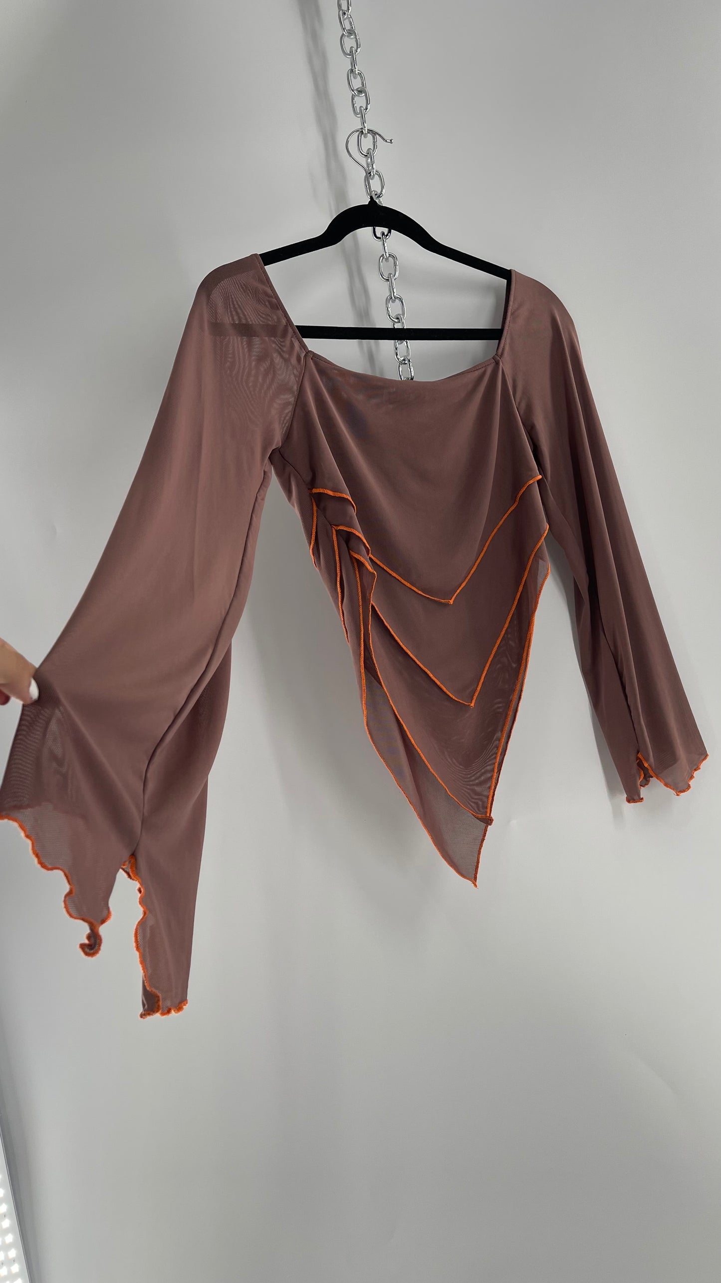 Fashion Nova Brown Mesh Pointed Hem Blouse with Bell Sleeves and Orange Contrast Stitch
