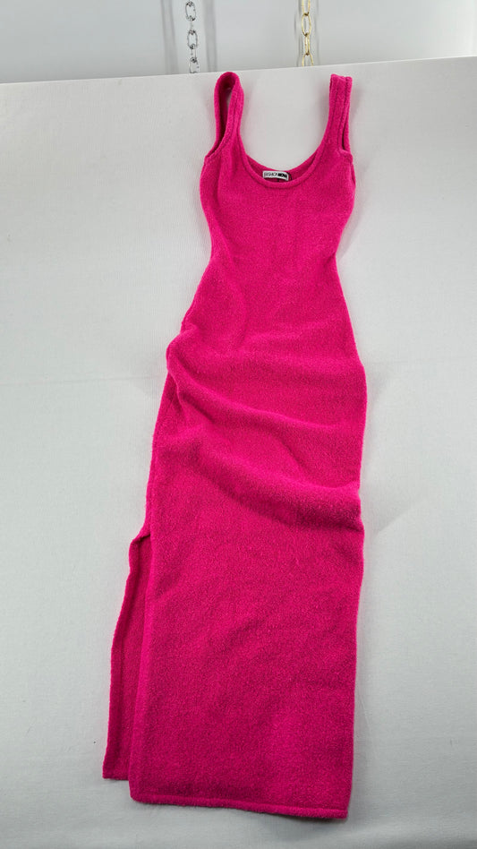 FASHION NOVA Neon Pink Terry Fitted Full Length Body Con Dress Worn (Small)