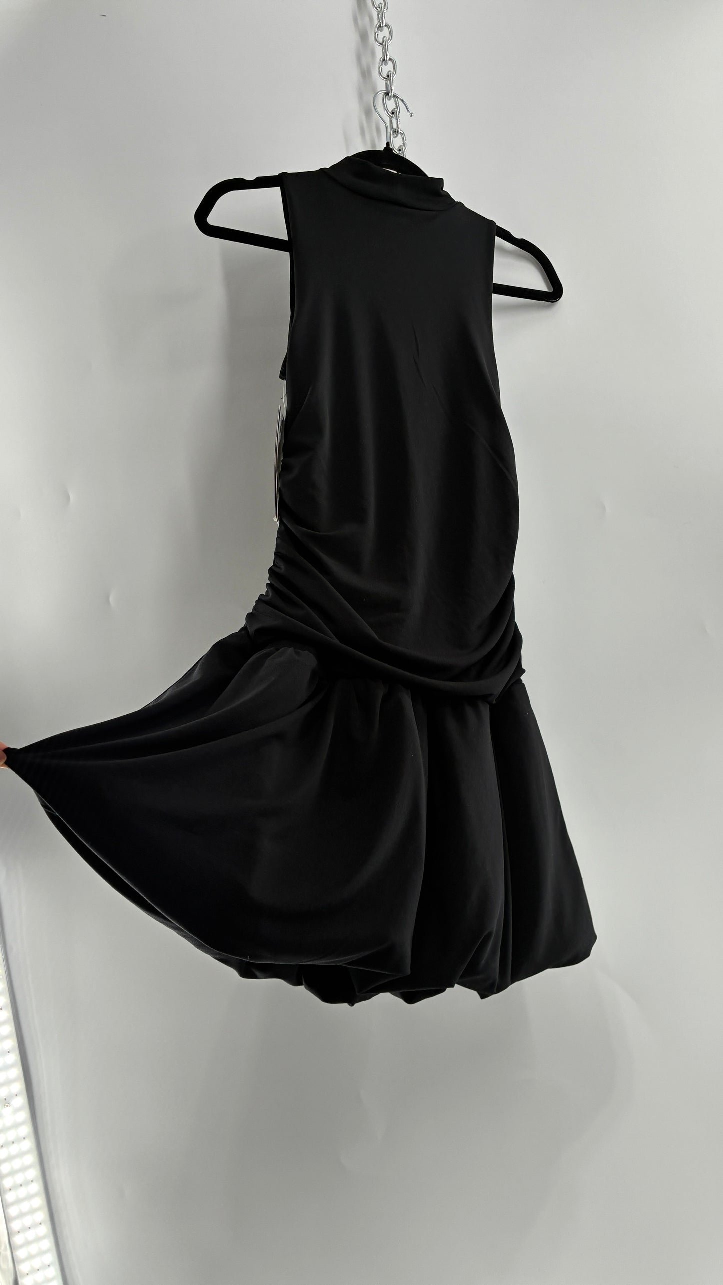 MADDEN NYC Black High Neck, Drop Waist, Bubble Hem Mini Dress with Tags Attached (XS-S)
