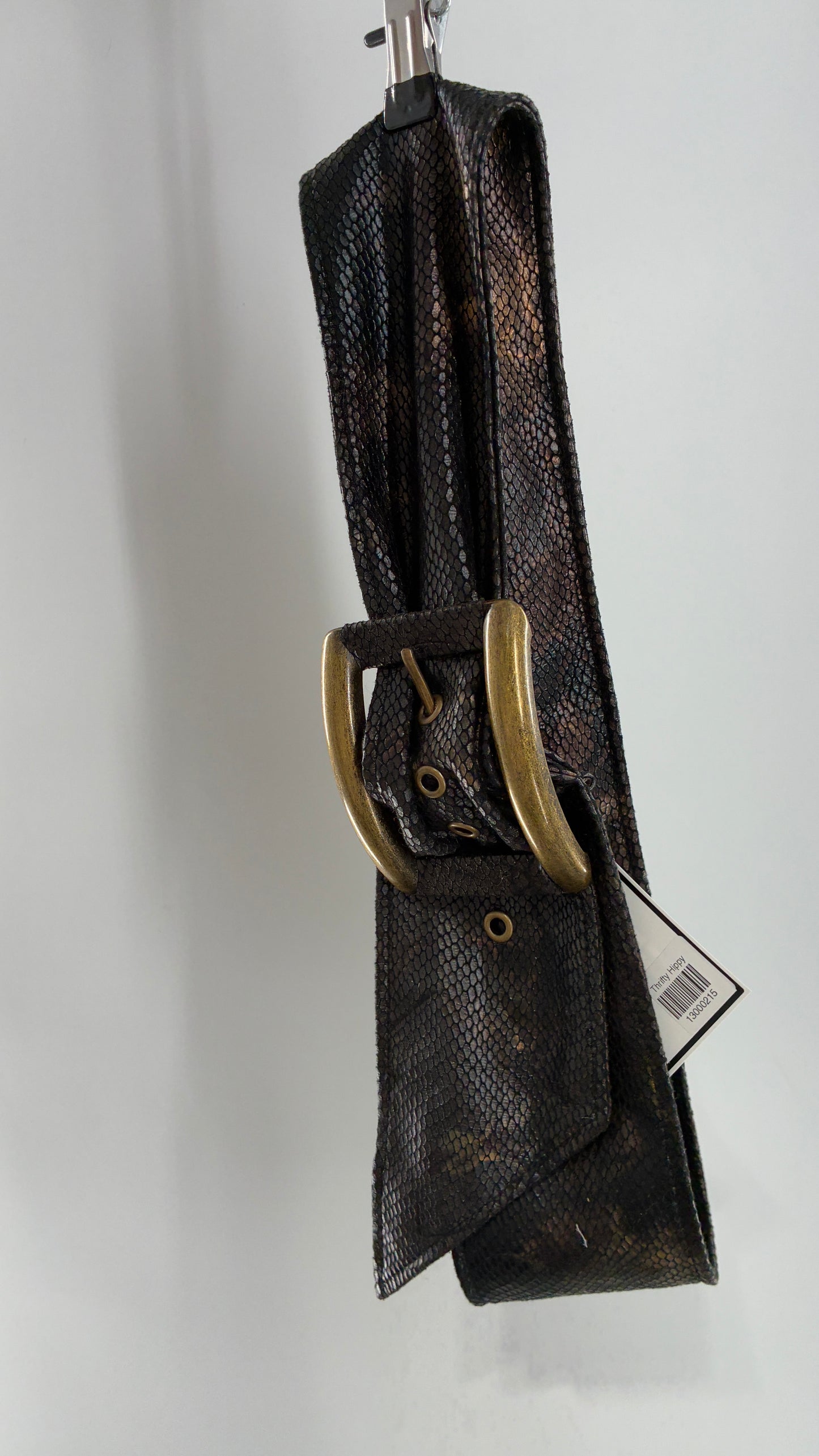 Vintage Snake Skin Patterned Wide Belt with Gold Brass Oversized Buckle (Large)