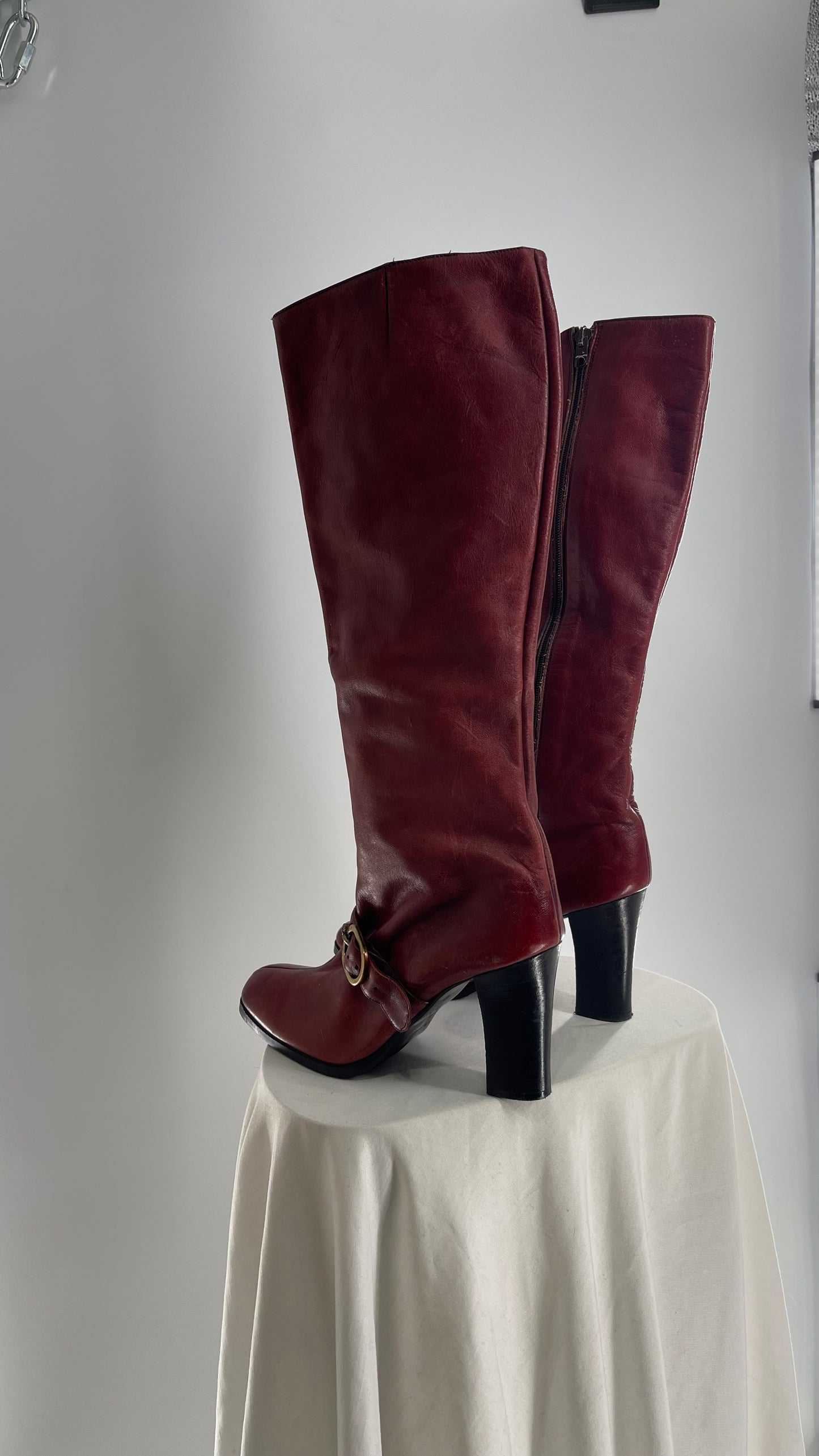 Vintage Etienne Aigner Red Italian Leather Boots with Buckle Strap (8.5)