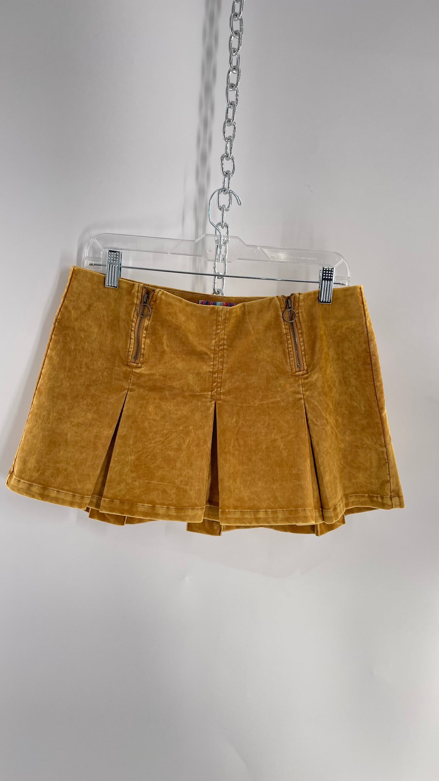 Urban Outfitters Mustard Corduroy Pleated Micro Mini Skirt with Brass Hip Zippers (Medium)