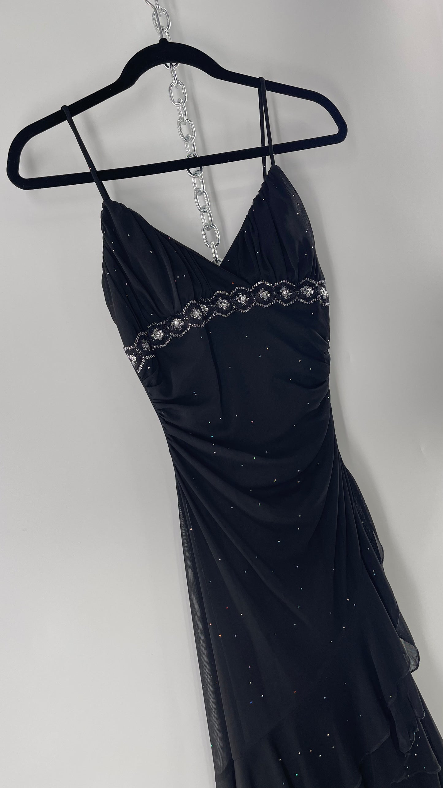 Vintage Taboo Midi Dress with Iridescent Sequins with Lace Underbust Detail, High Low Silhouette and Frills (Medium)