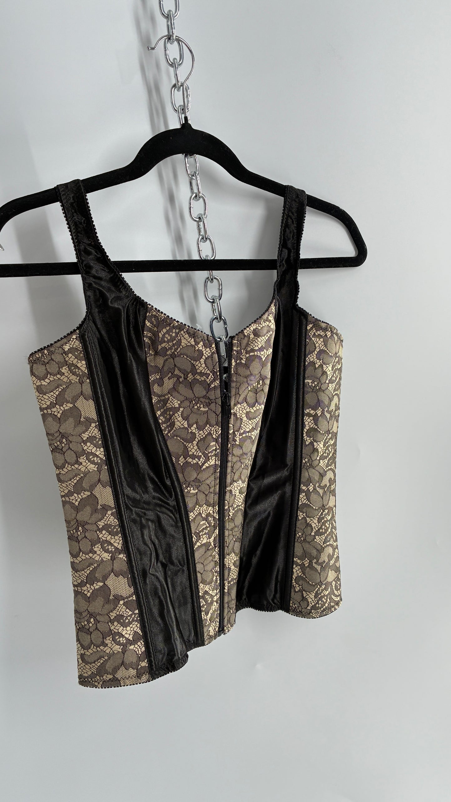 Vintage Zip Front, Tie Back Nude Lace Corset with Black Satin Paneling (Medium)