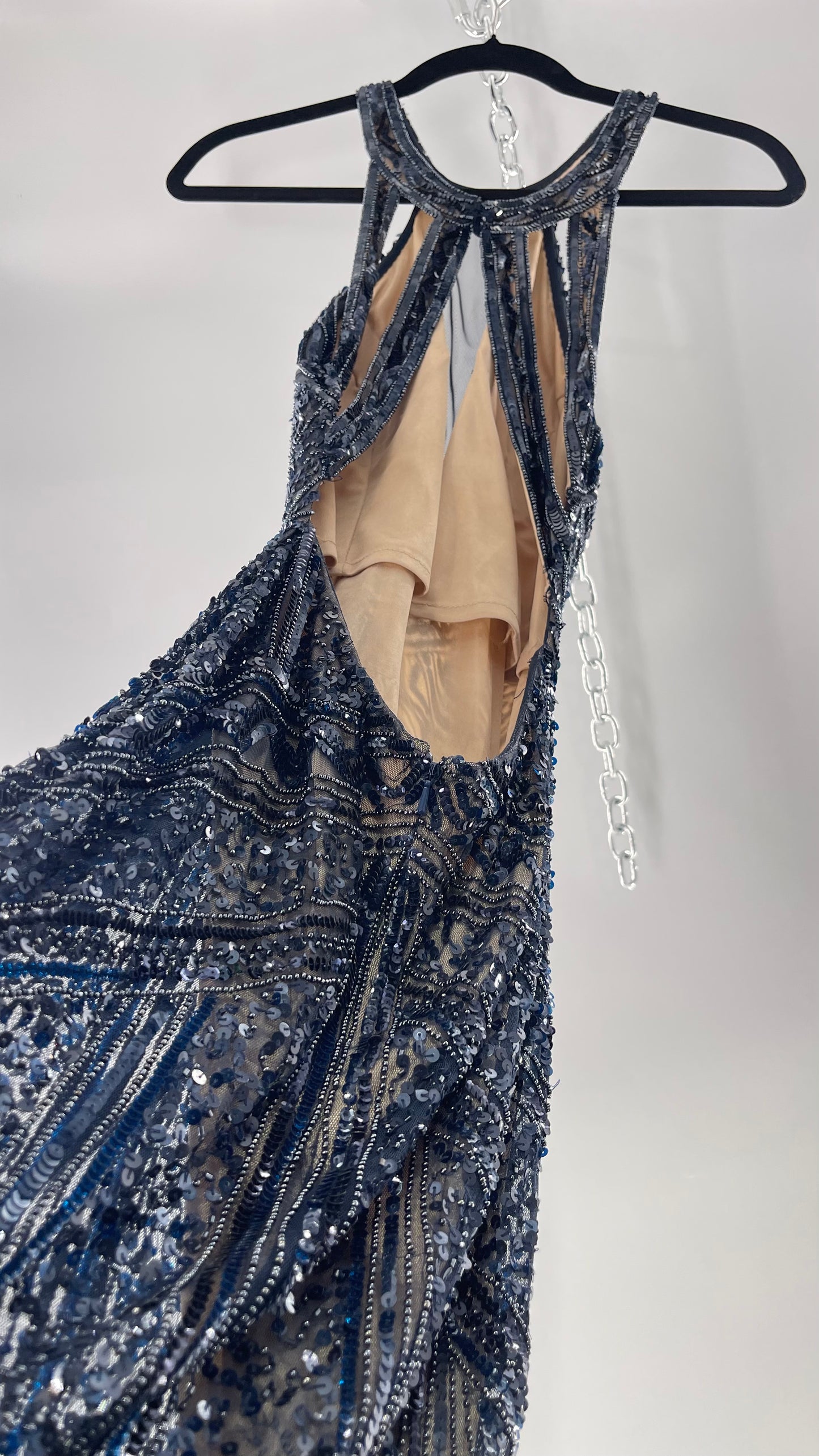 Vintage SCALA Navy Blue Beaded Floor Length Gown with Plunging Neckline, Backless Detail, and Tan Underlay (C)(4)