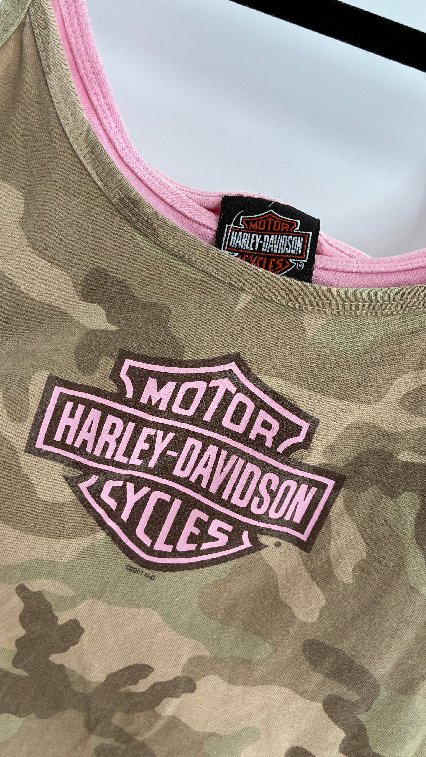 Vintage Harley Davidson Camo Tank with Built in Pink Sports Bra (Large)