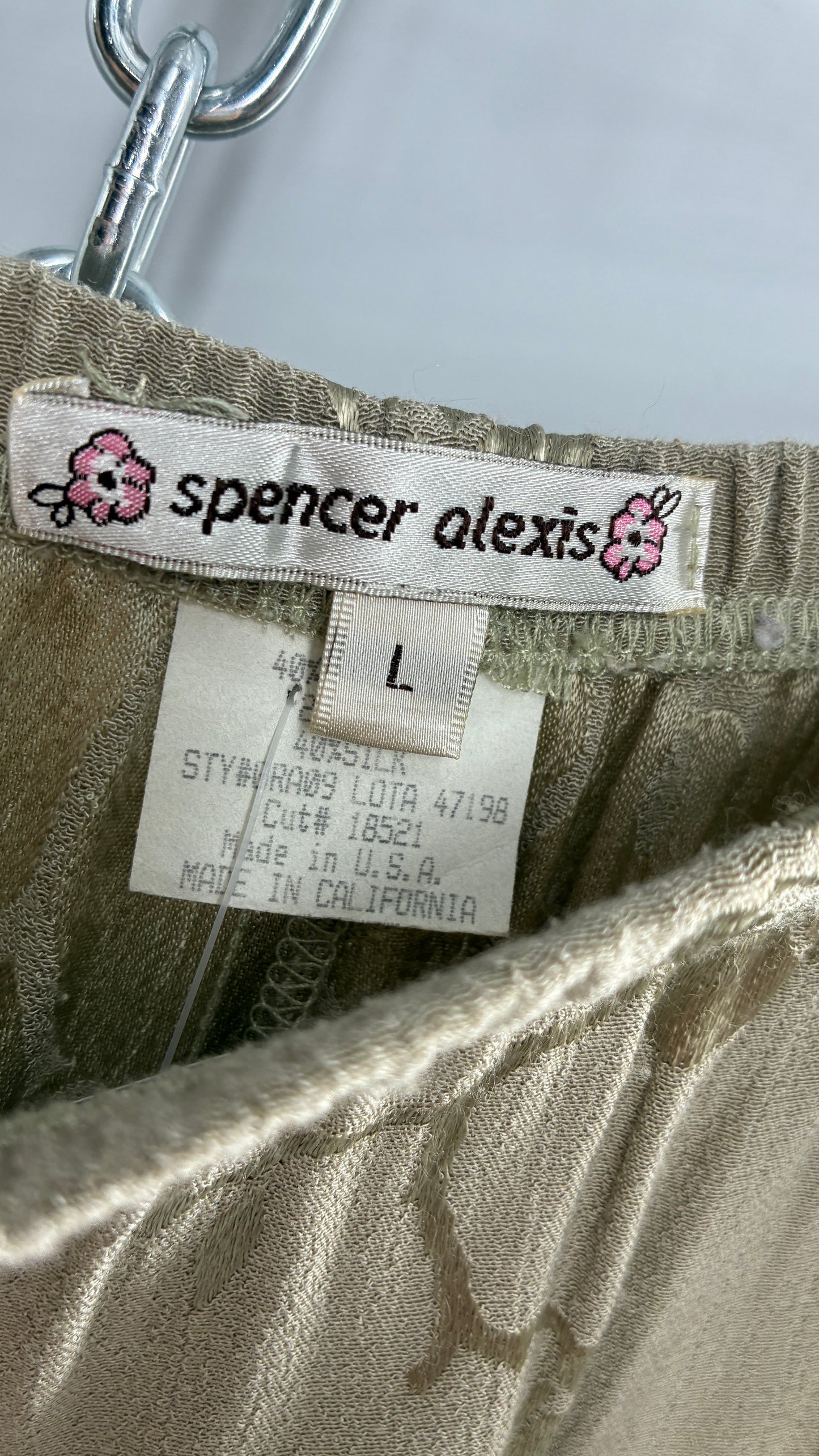 Vintage SPENCER ALEXIS Muted Green Full Skirt with Mixed Pattern Handkerchief Hem (Large)