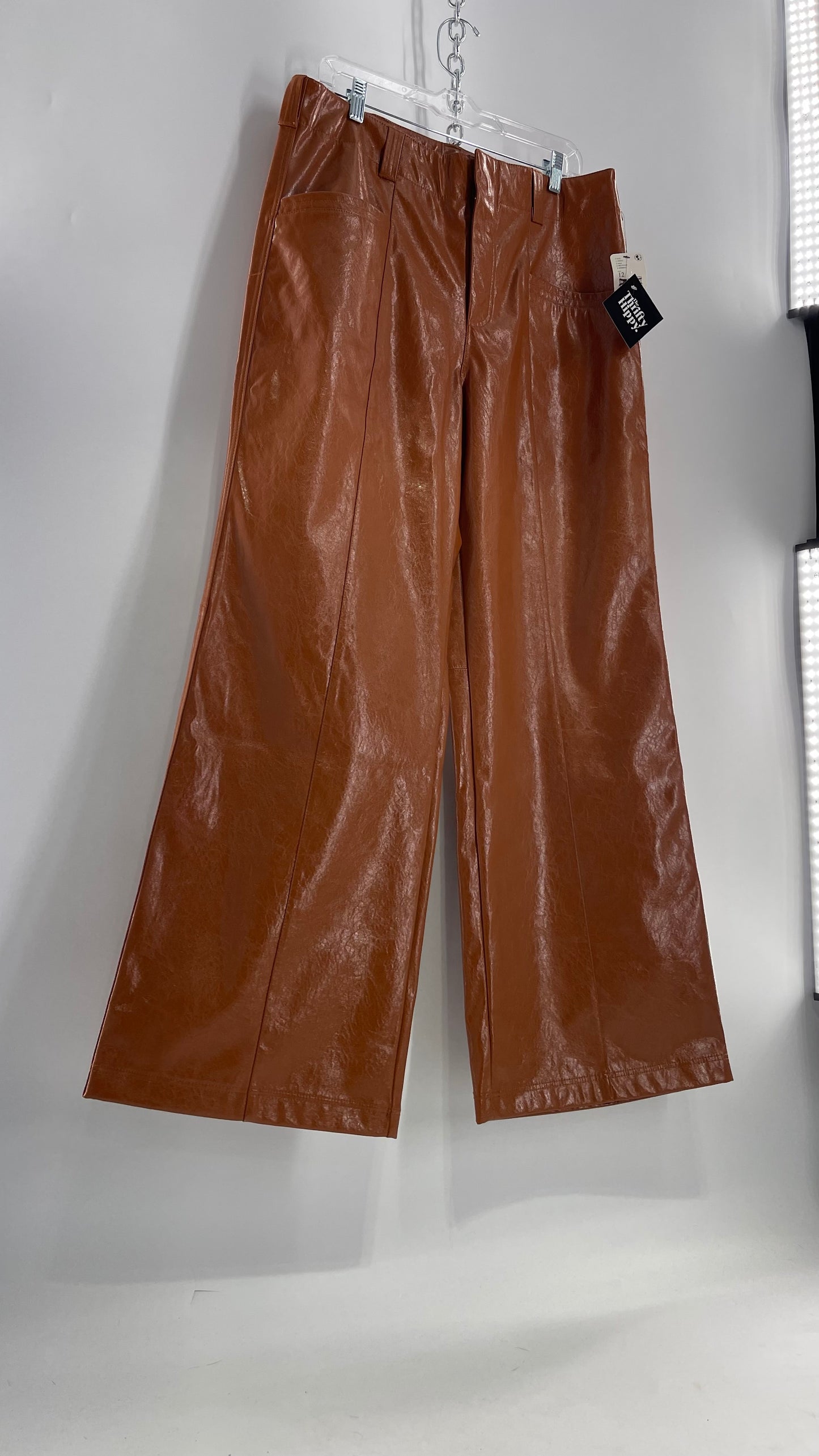 Free People Star Cross Lovers Cognac Brown Vegan Faux Leather Wide Leg Baggy Trouser(12)