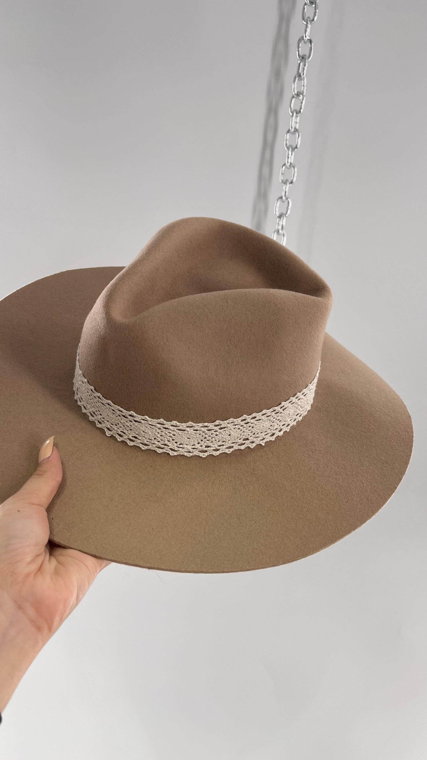 Free People WYETH Tan 100% Wool Lace Belted Wide Brim Sun Hat