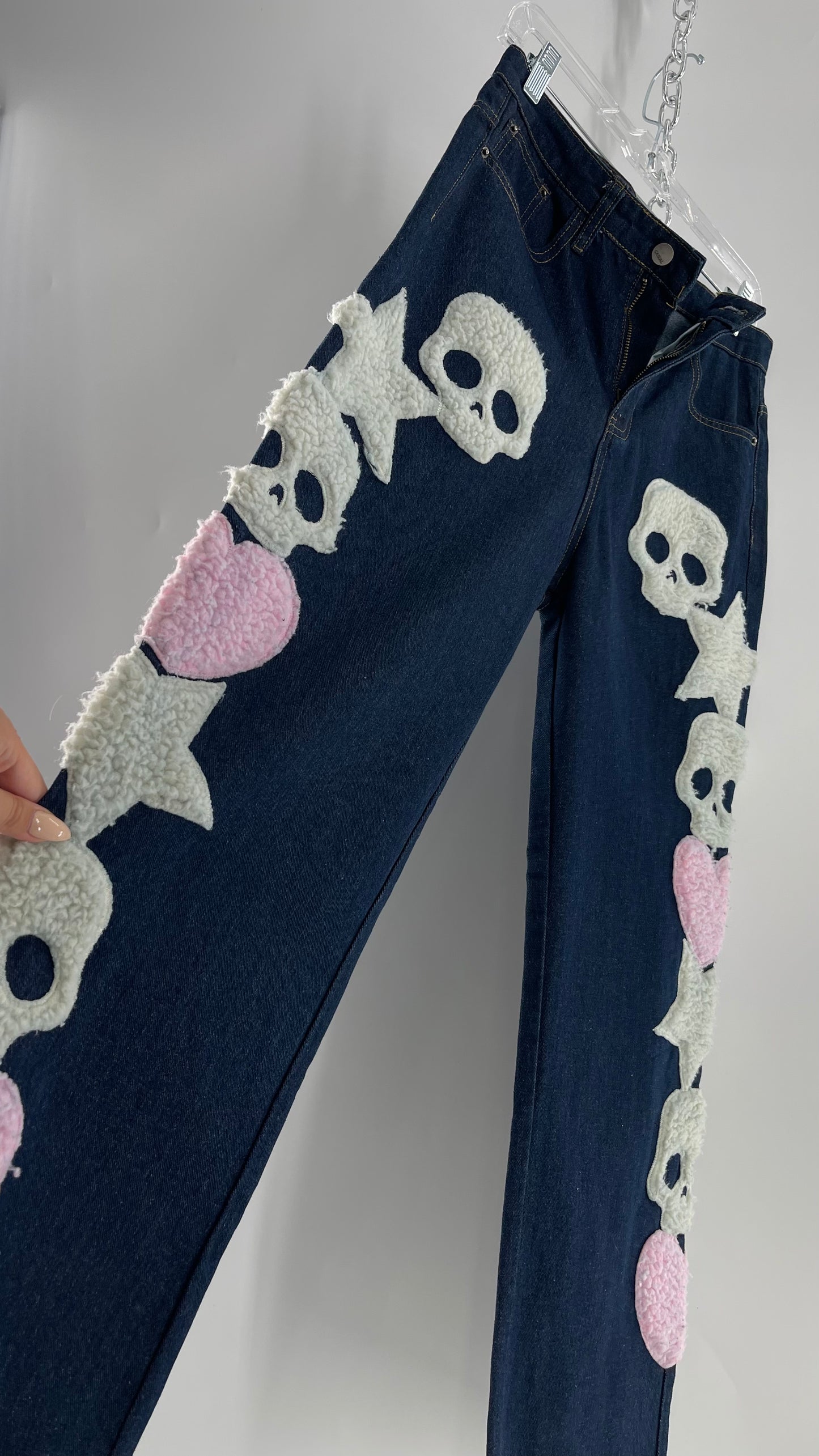 MadeExtreme Dark Wash Denim with Skull/Heart Patches and Bum Embroidery (Medium 8)