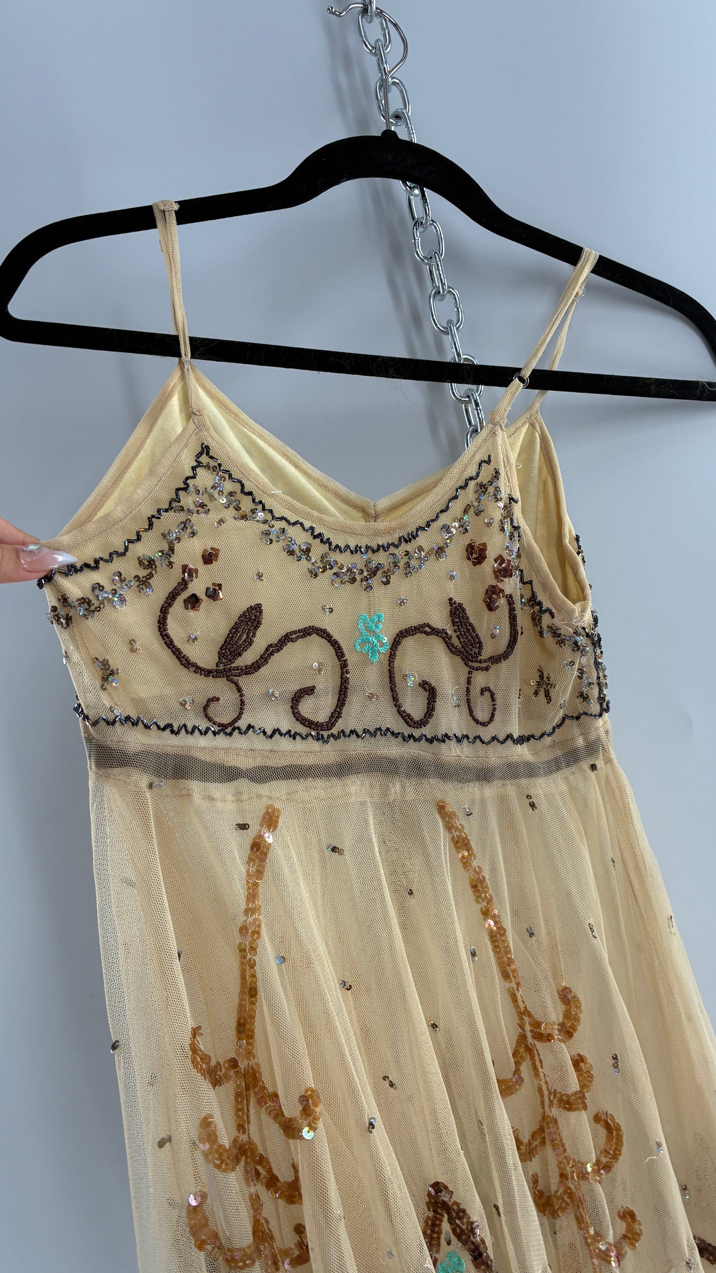 Handmade Beige Handkerchief Camisole with Hand Beaded Details (XS)
