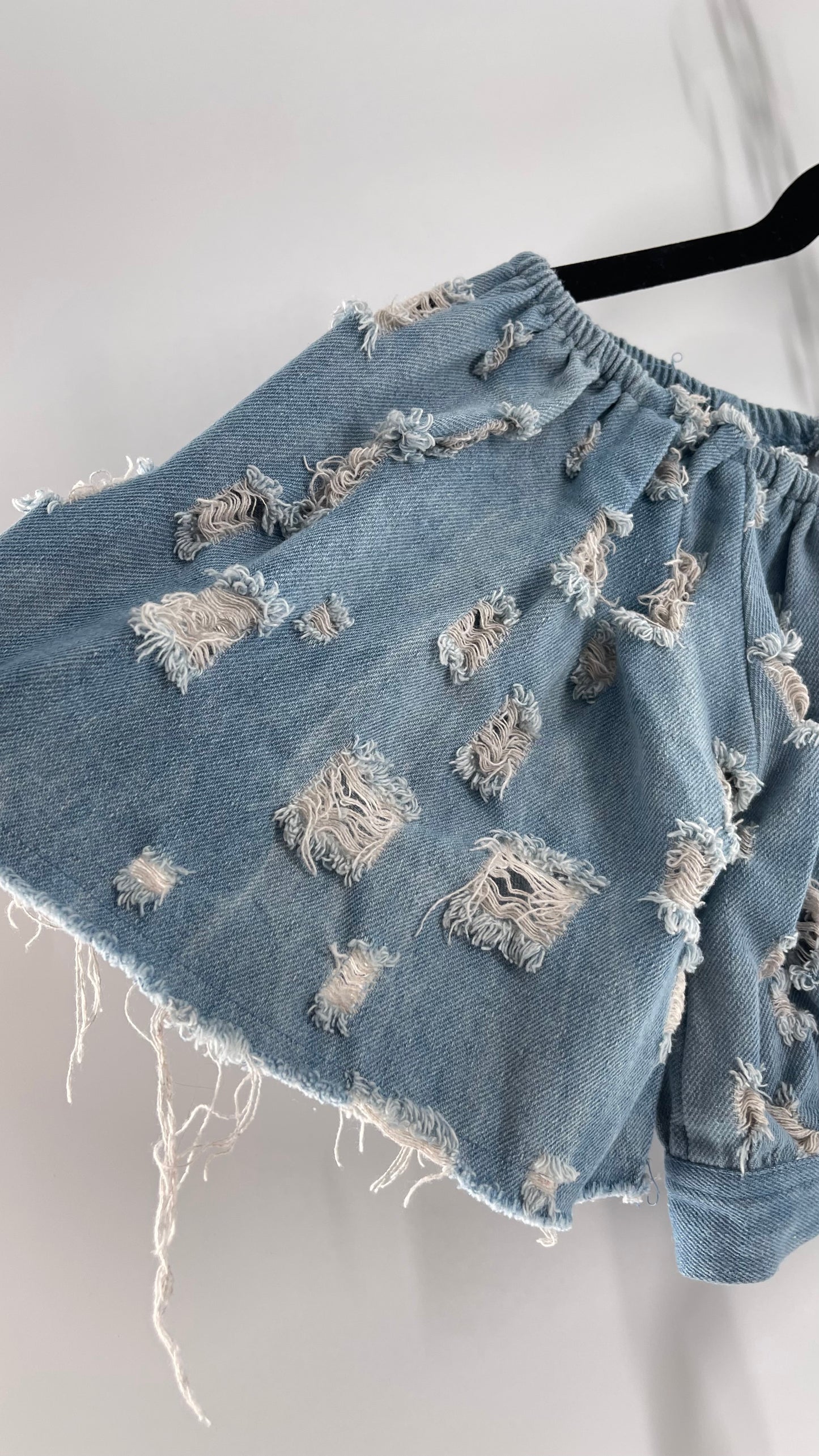 Homage Distressed Denim Crop Top with Keyhole Bust Cutout and Buckle (Medium)