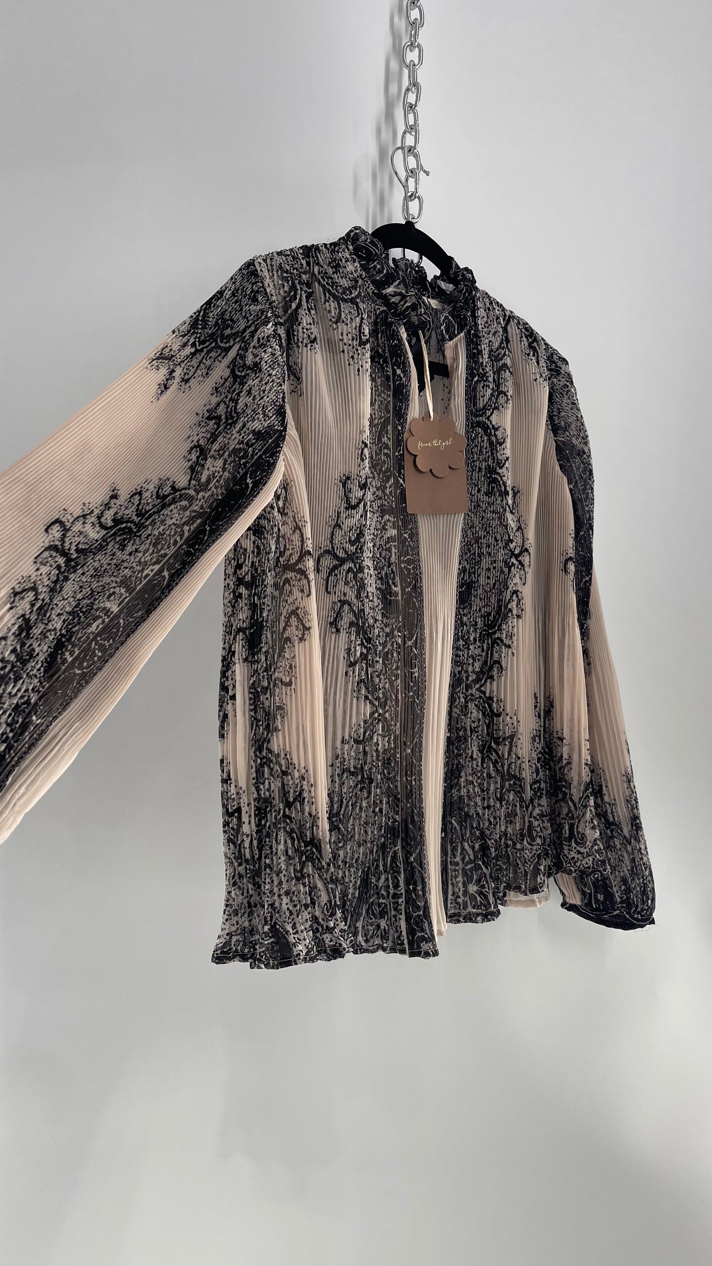 Forever that Girl Brocade Black and Dusk Pleated/Fluted Blouse with Tags Attached (Medium)