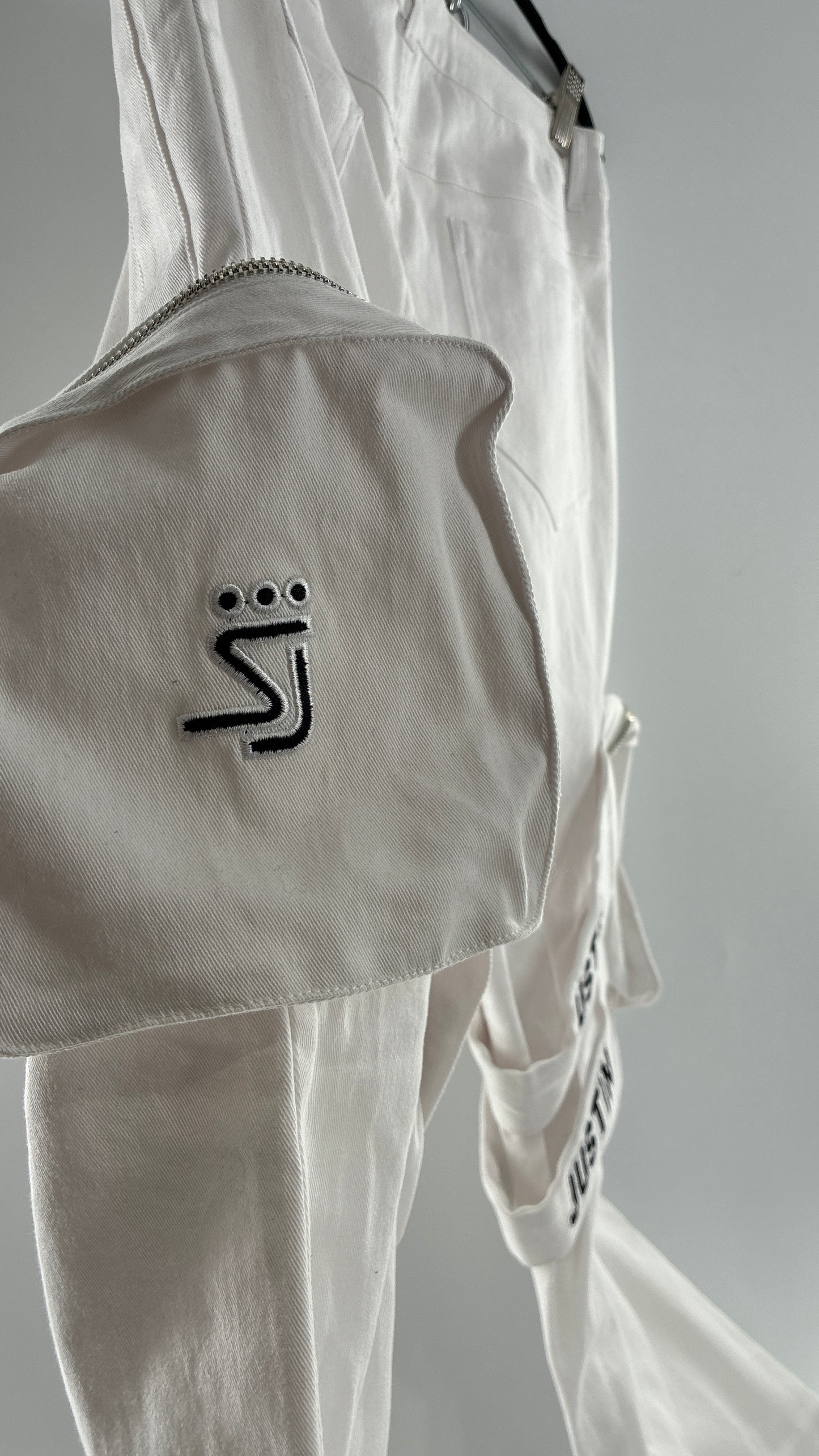 Designer SHANE JUSTIN White Stacked Extendo Cargo Pants with Embroidered Logo Pants and Tags Attached (Small)