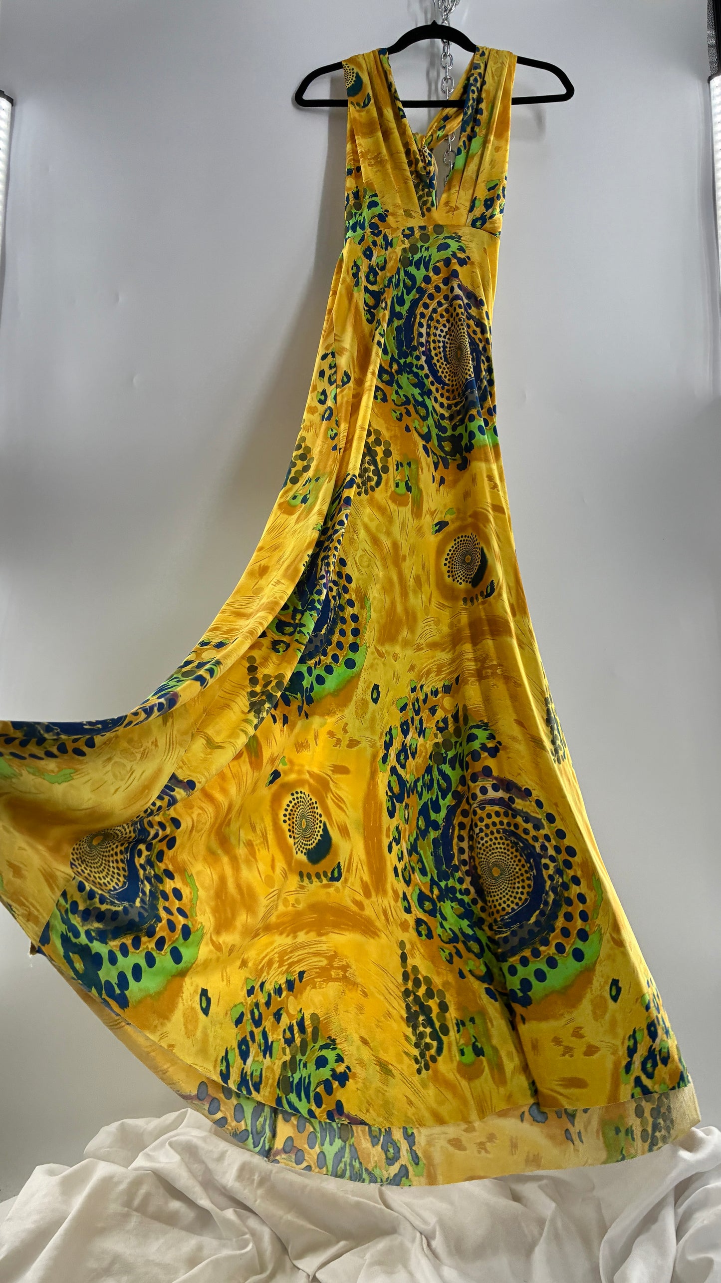Vintage NARCISA LANG Lycra Full Length, Backless Yellow Dress with Graphic Pattern (XS/S)