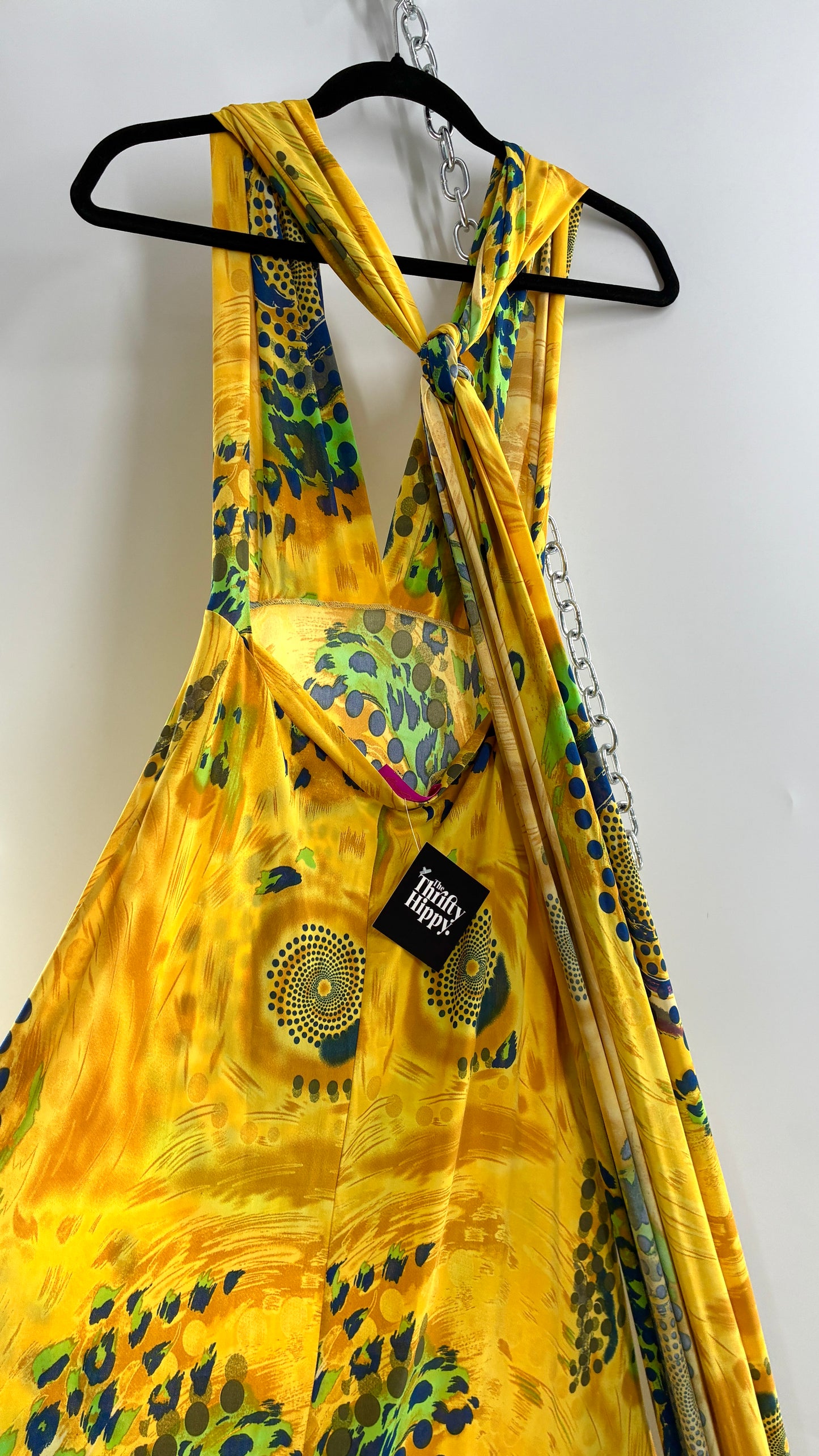 Vintage NARCISA LANG Lycra Full Length, Backless Yellow Dress with Graphic Pattern (XS/S)