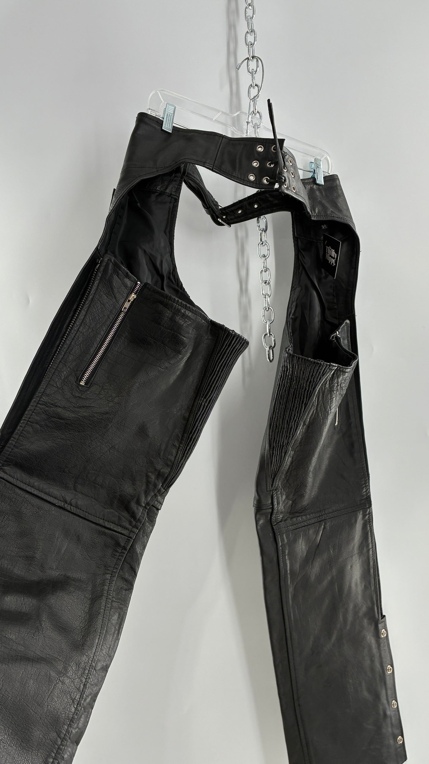 Vintage Xelement Black Genuine Leather Motorcycle Chaps with Side Zipper and Button Closure (34)