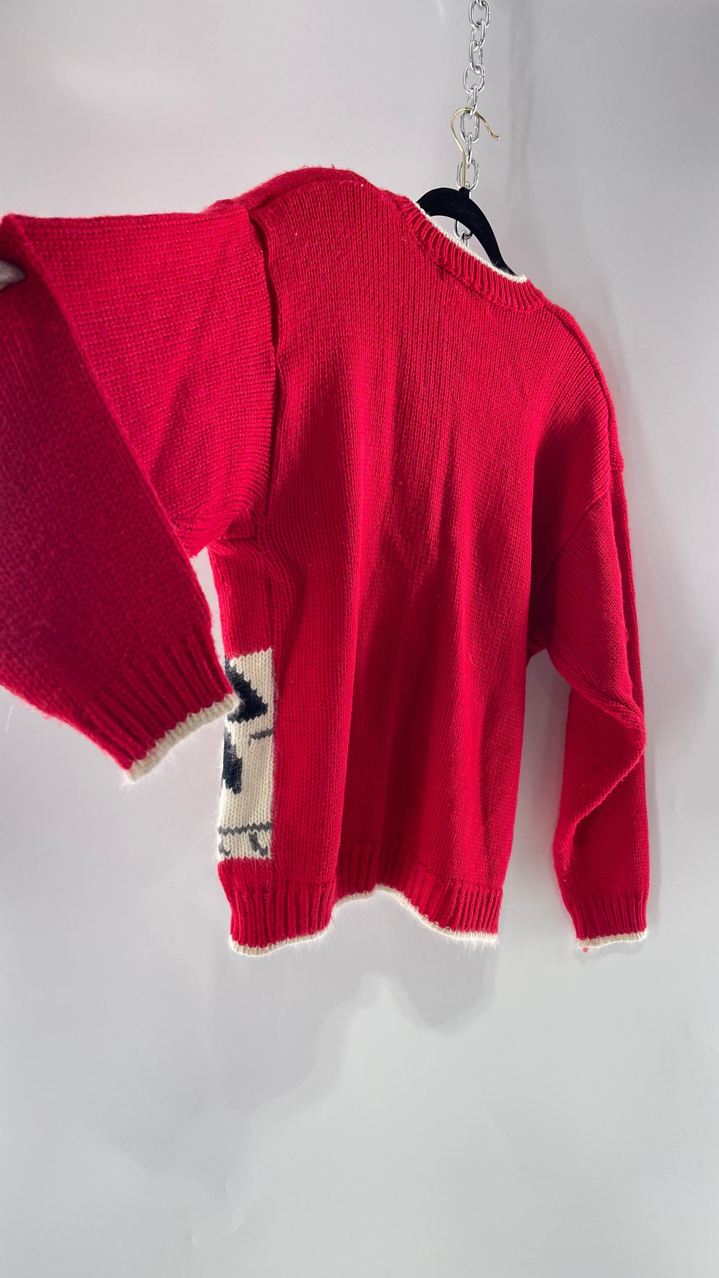 Vintage Karen Scott Silver Button Front, Red Cardigan with Shoulder Padding and the Sweetest Festive Penguins in Bow Ties (Large)