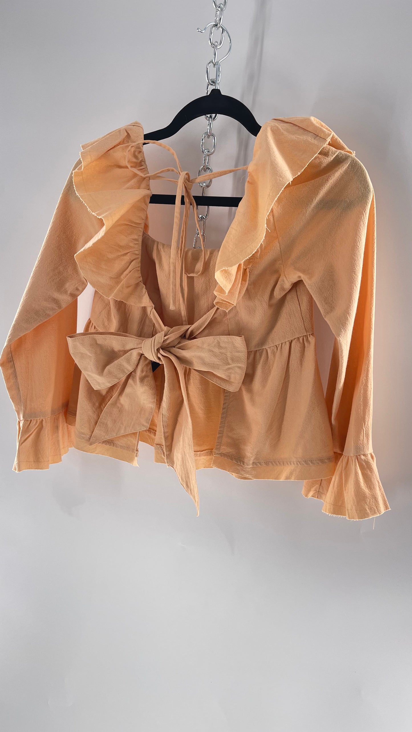 Free People Pumpkin Light Orange Backless Bow Back Cropped Blouse with Ruffle Sleeve and Neckline (XS)