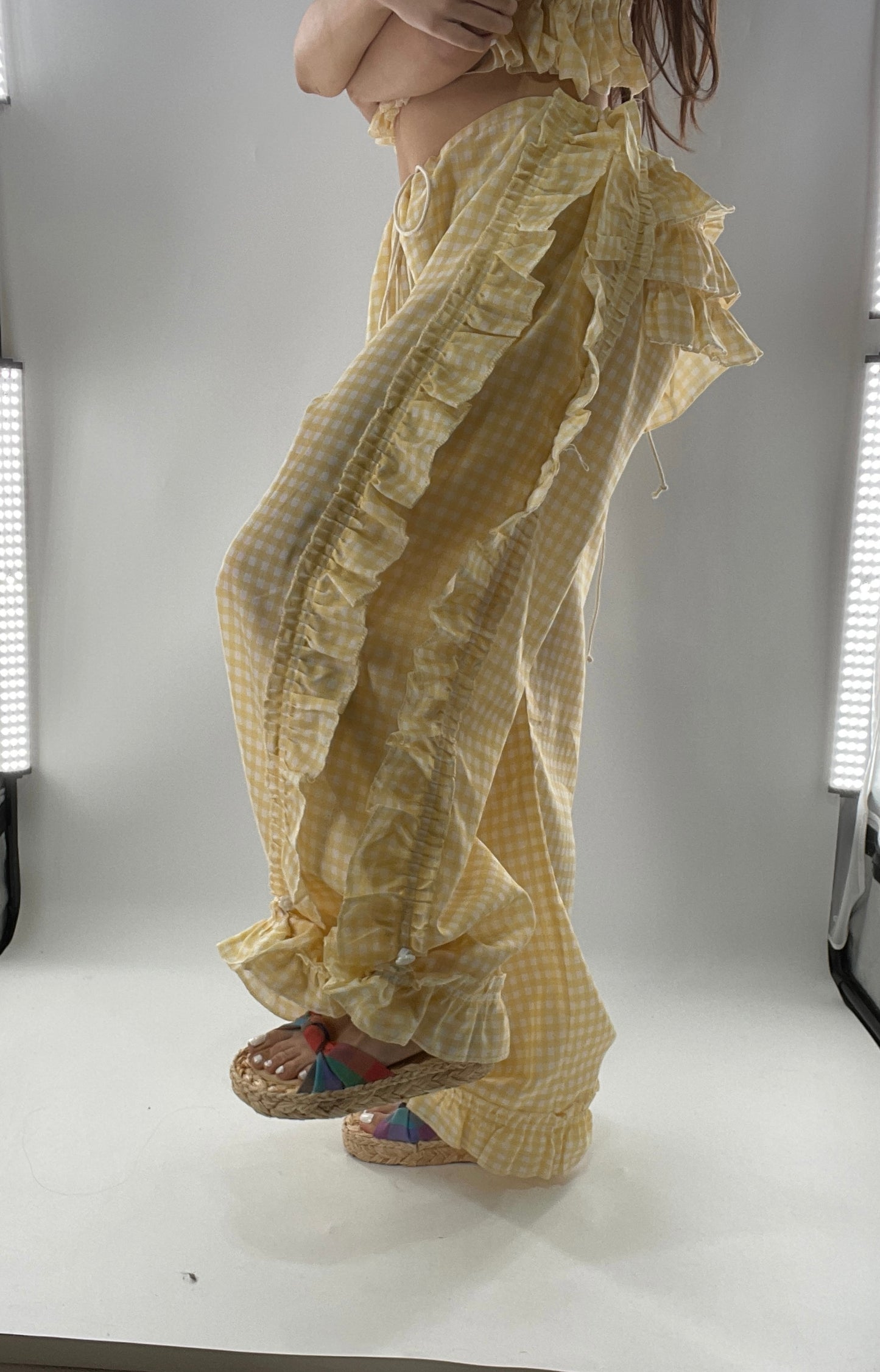 Vintage 2 Piece Yellow Checkered/Gingham Patterned Picnic Set with Ruched Bust Top and Ruffle Side Wide Legs with Adjustable Length, Strap Up Buttons on Hem (One Size)