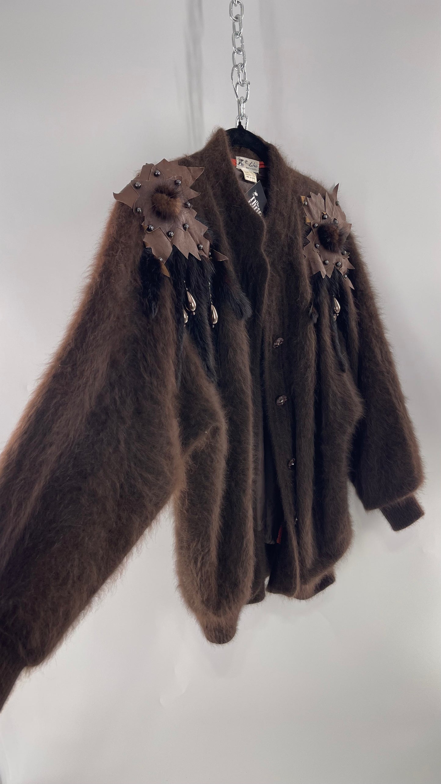 Liho Korean Vintage Brown Cardigan with Leather, Fur and Beaded Detailing 15% Wool 75% Angora  (C)(Medium)