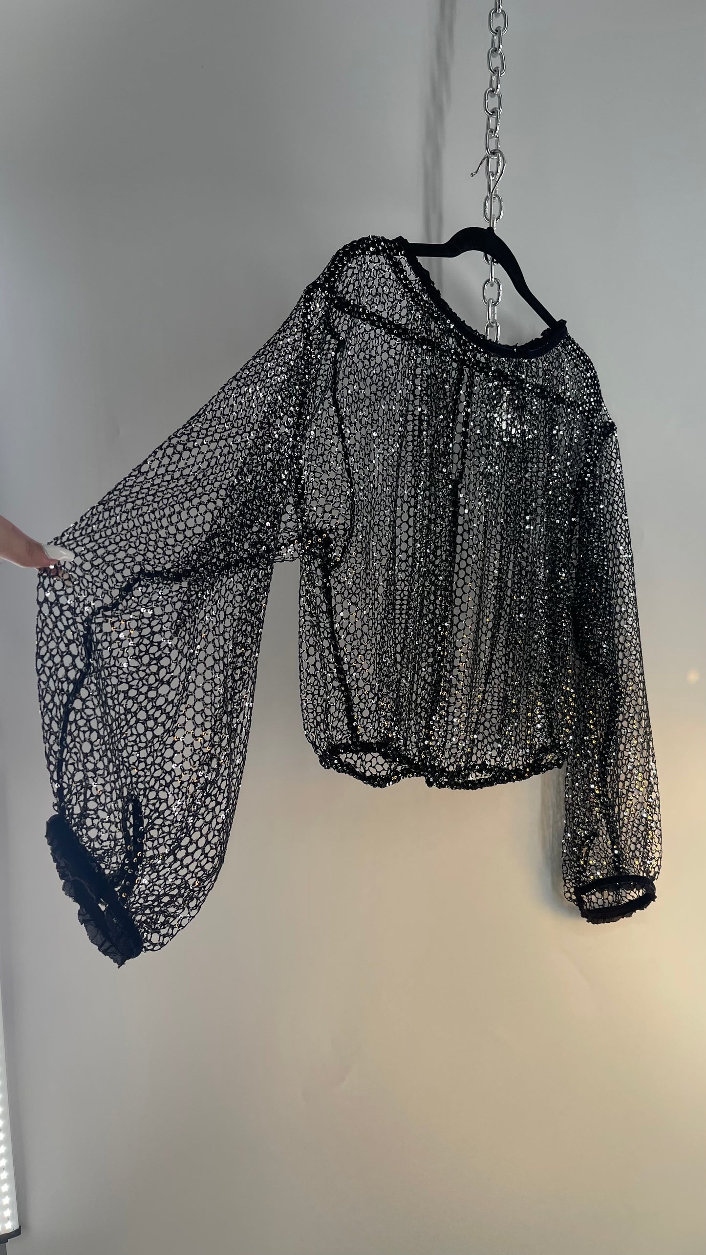 Free People Disco Black Mesh Blouse with Velvet Ribbon Trim (S/M)