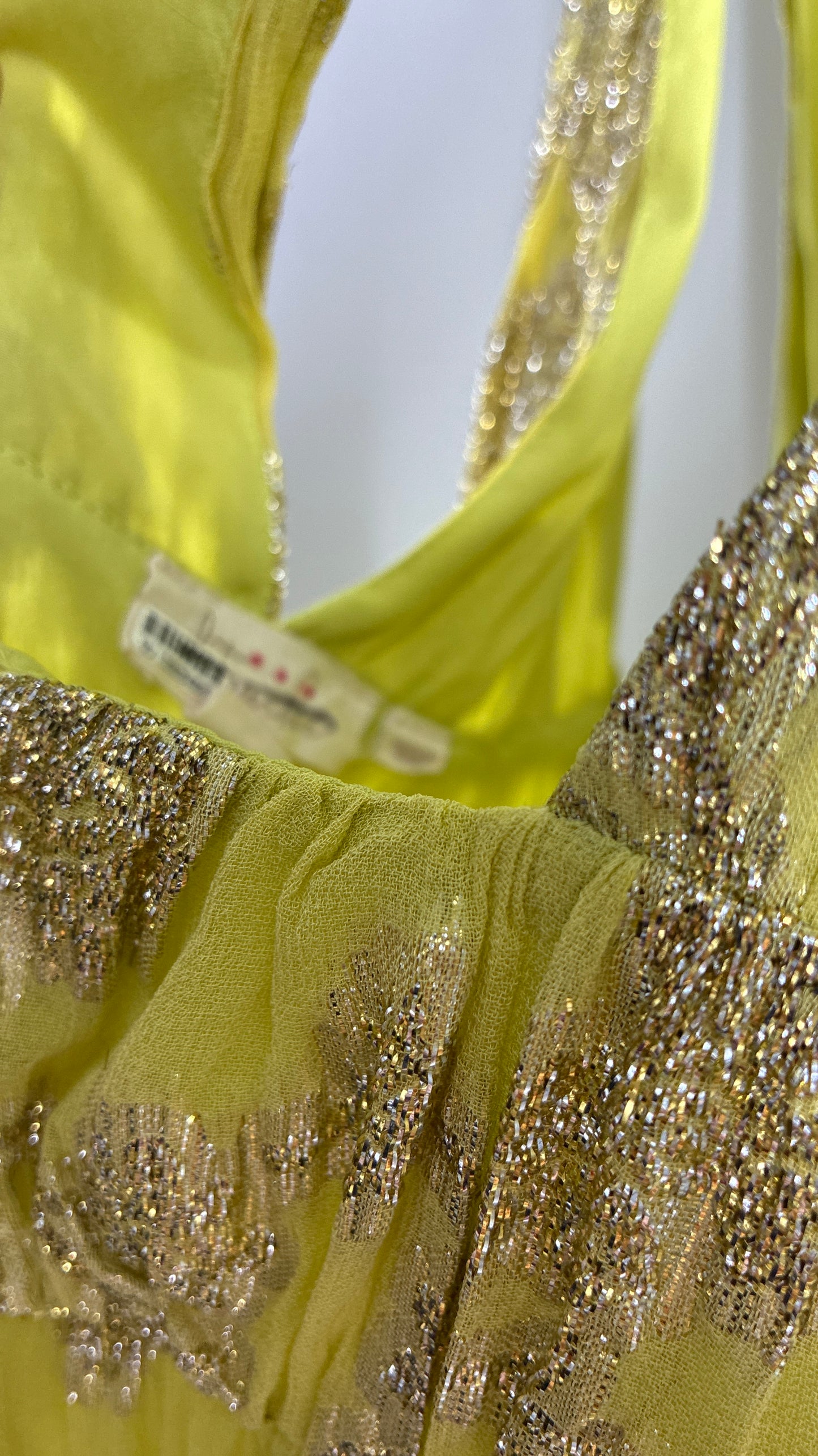 LET ME BE Lime Yellow/Green Ultra Voluminous Tiered Dress with Gold Metallic Jacquard Appliqué Pattern (XL)