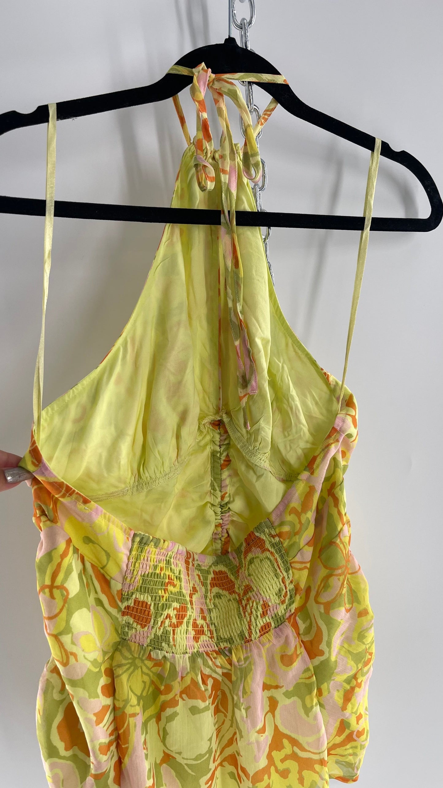 Free People Lime Green and Yellow Ruched Blouse with Cut Out Bust, Adjustable Scrunched Torso and Tie Neck Tank (XS)