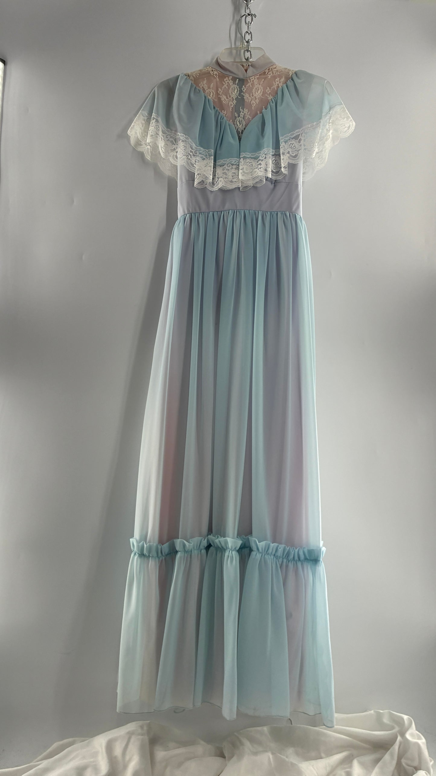Vintage Handmade 1960s Powder Blue Overlay, Lilac Underlay Gown, Prairie Wedding Dress