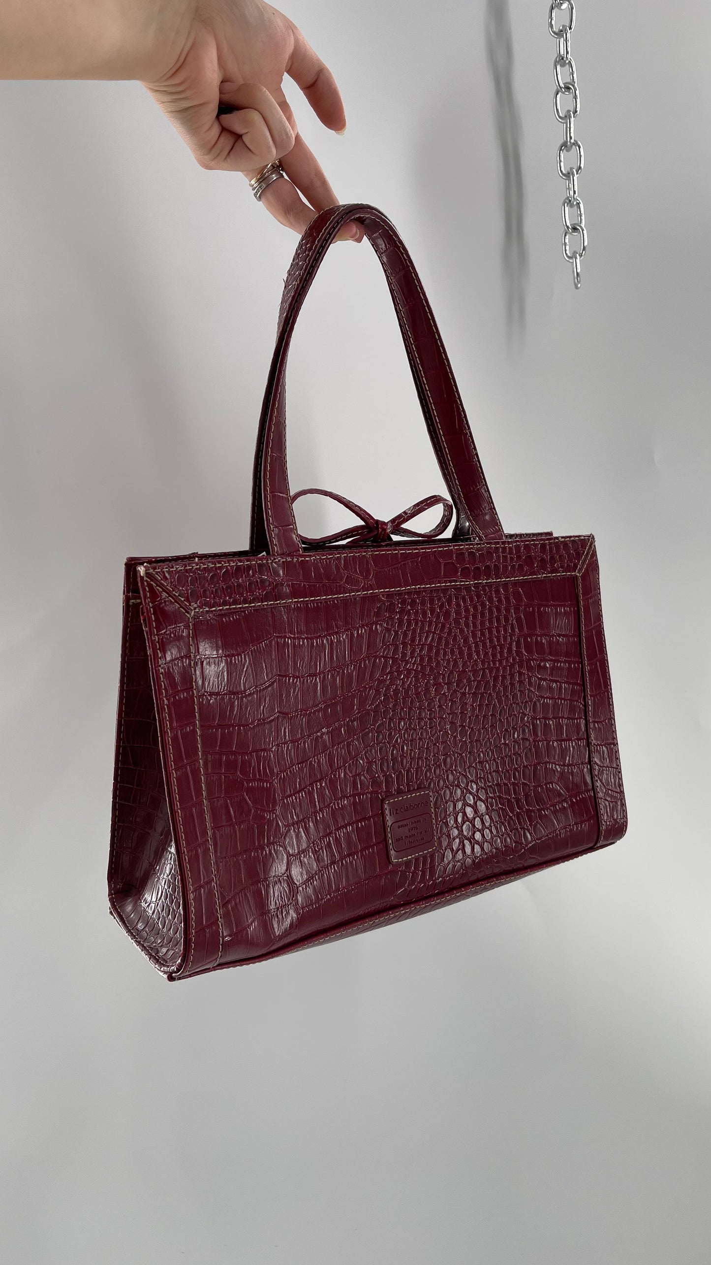 Vintage Liz Claiborne 1990s Cherry Red Crocodile Embossed Structured Bow Bag