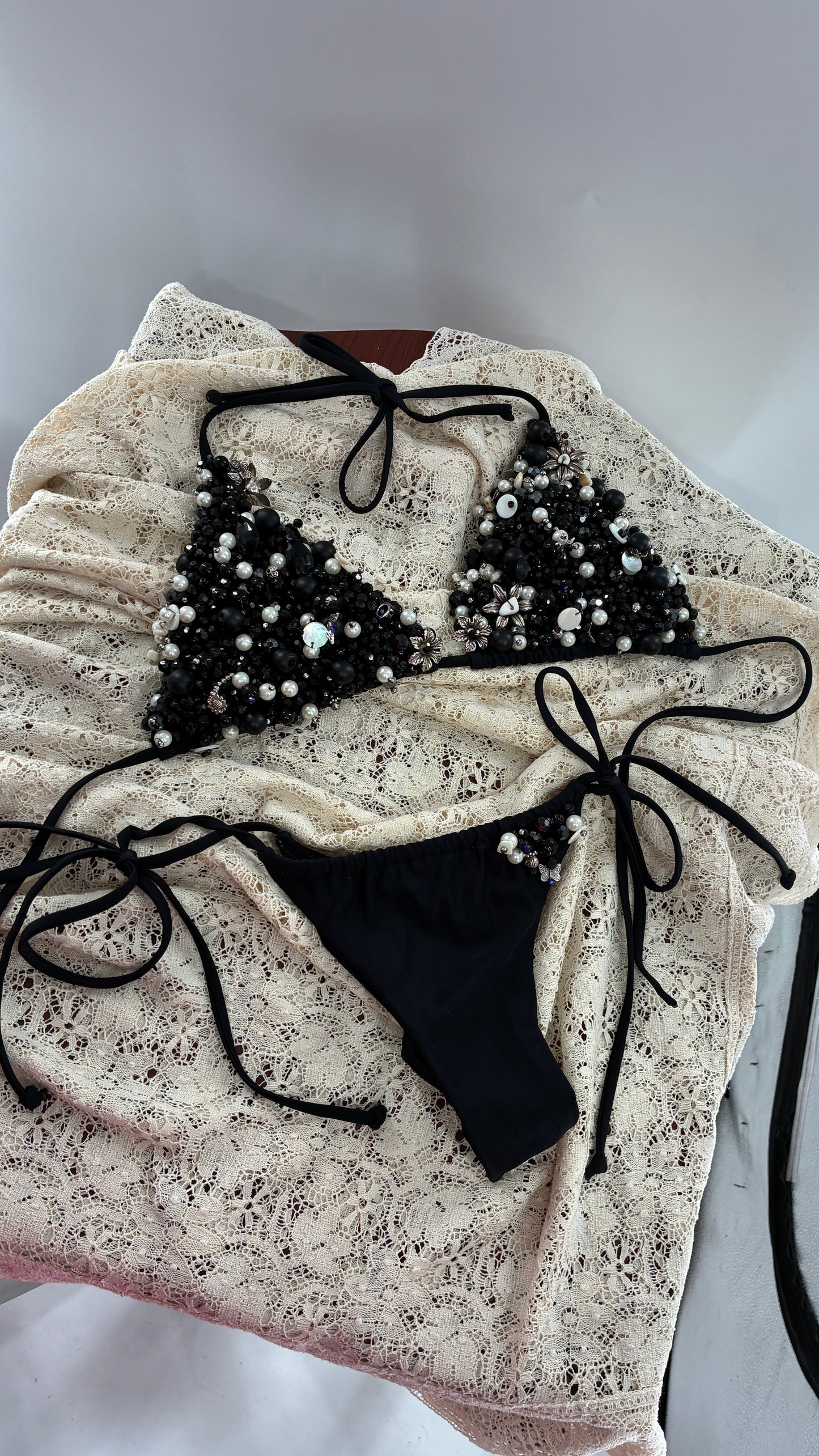 CUSTOM 1/1 Black Swimsuit Covered in Hand Placed and Sewn Beads, Charms, and Gems (MEDIUM)