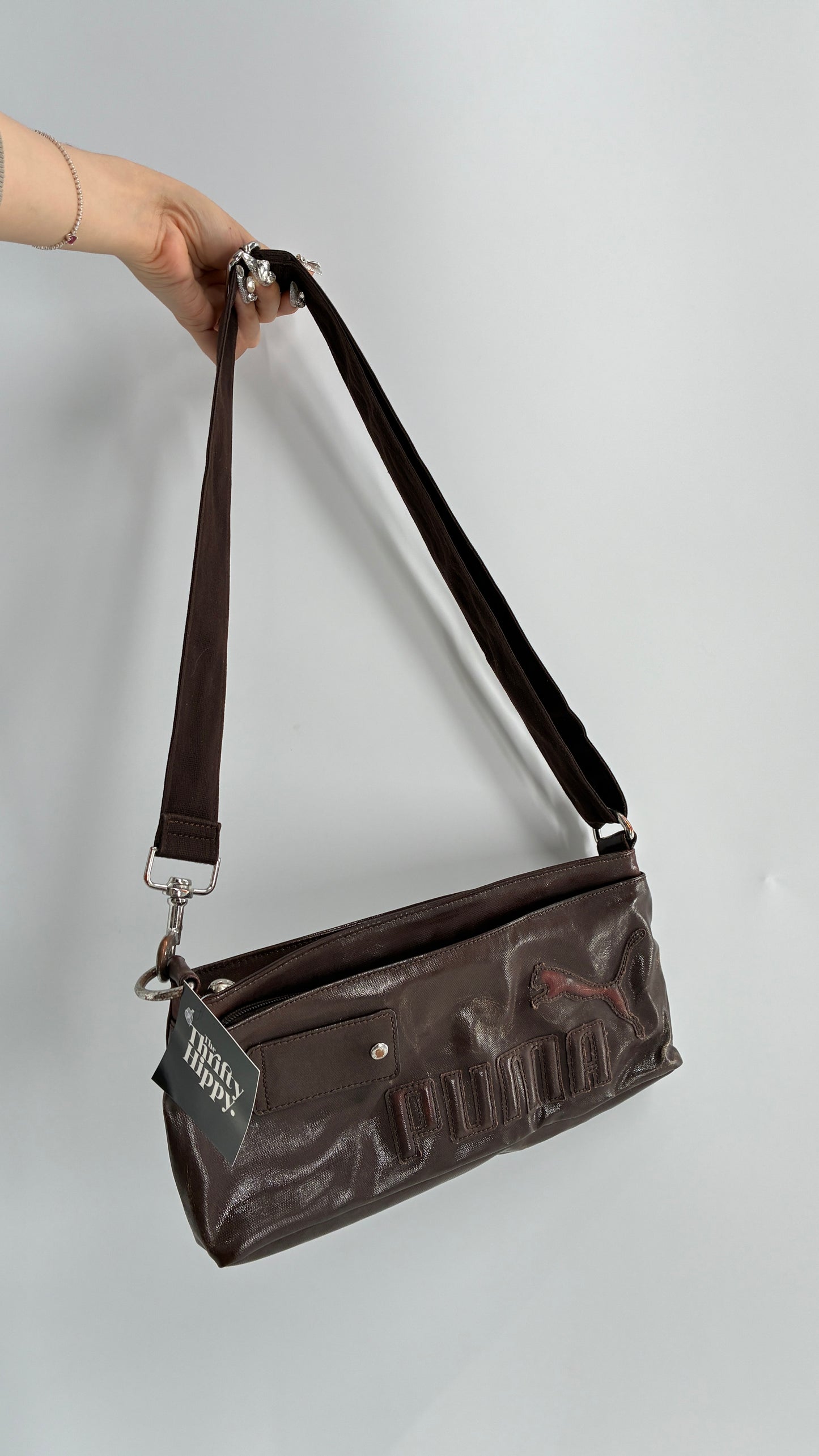 RARE Distressed Vintage PUMA Shoulder Purse, Brown W/ Iconic Logo