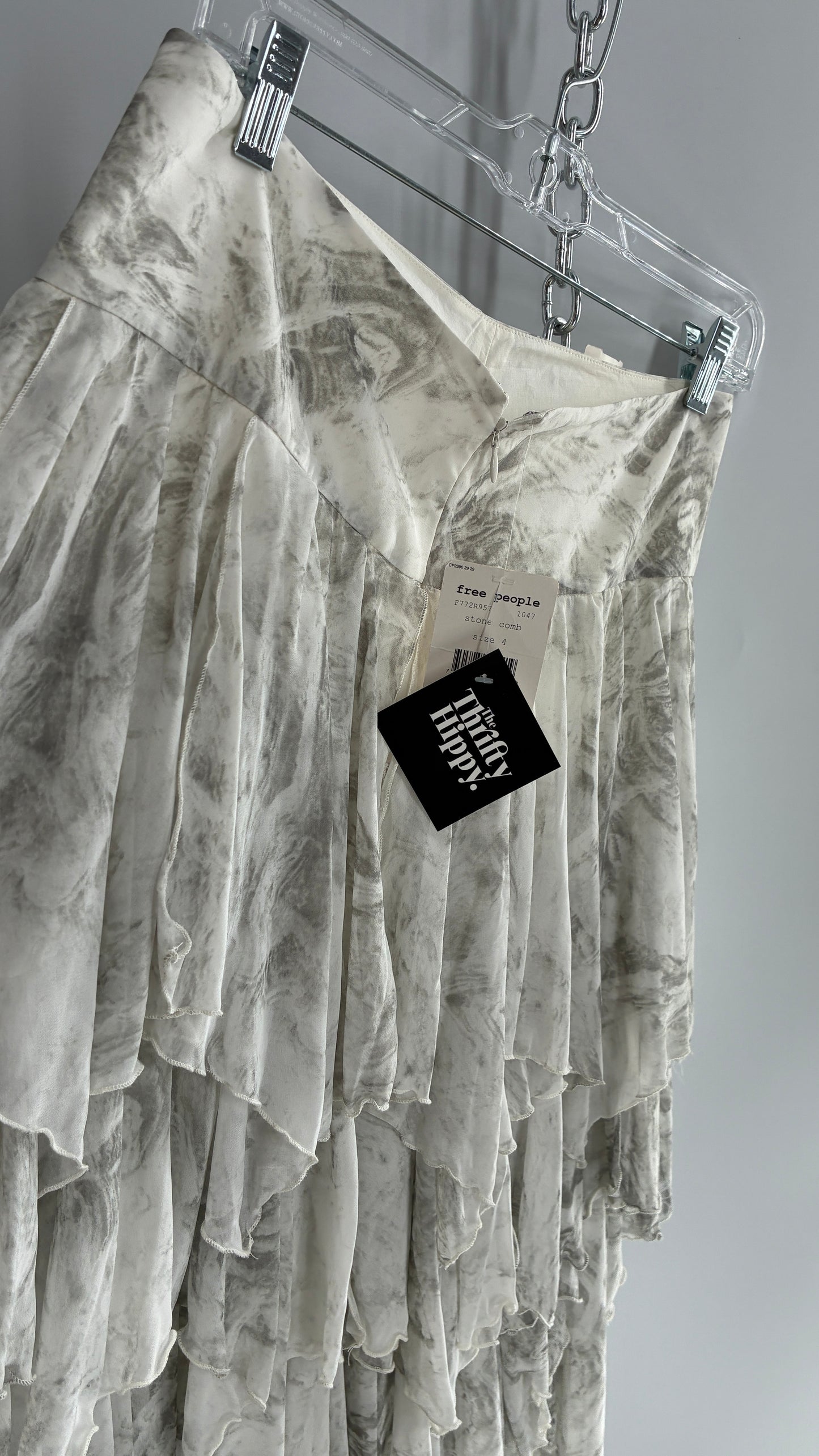 Free People Layered, Tiered Voluminous White and Grey Watercolor Full Skirt with Tags Attached (4)