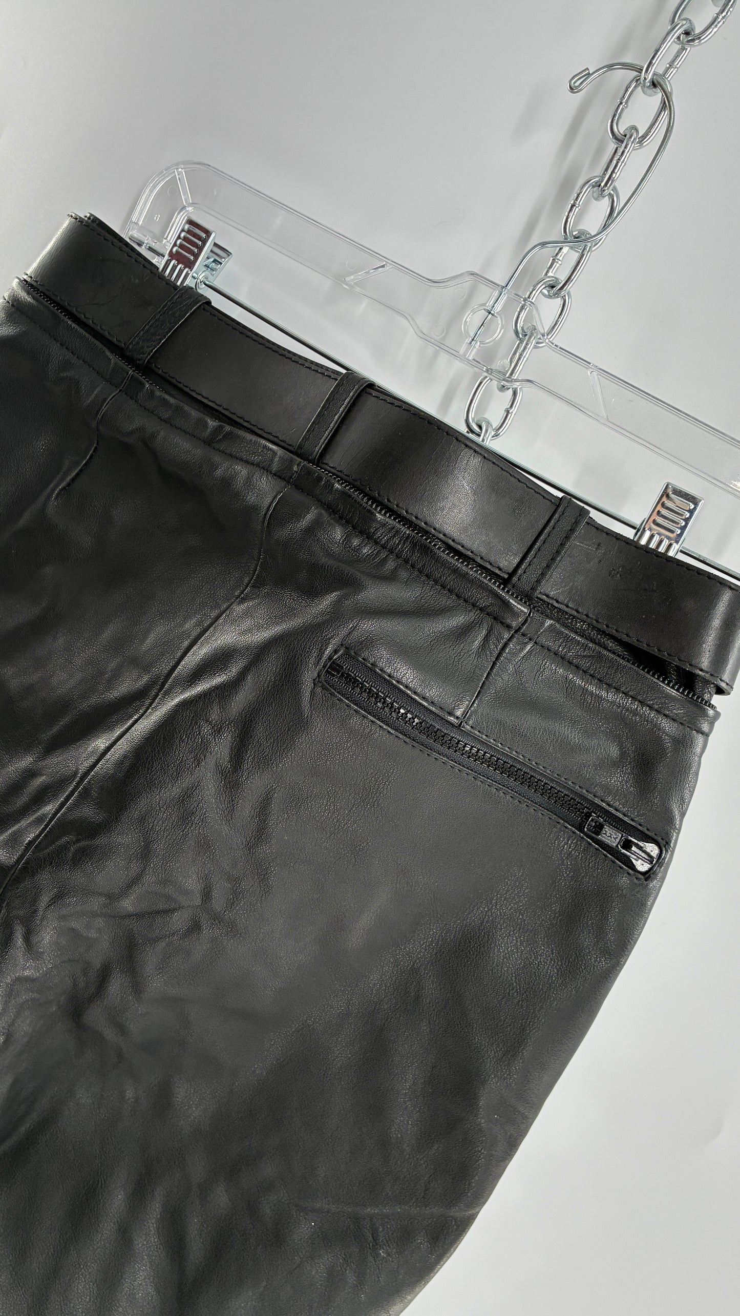 Vintage Black Italian Leather Motorcycyle Pants with Built In Belt and Zipper Detailing (XS)