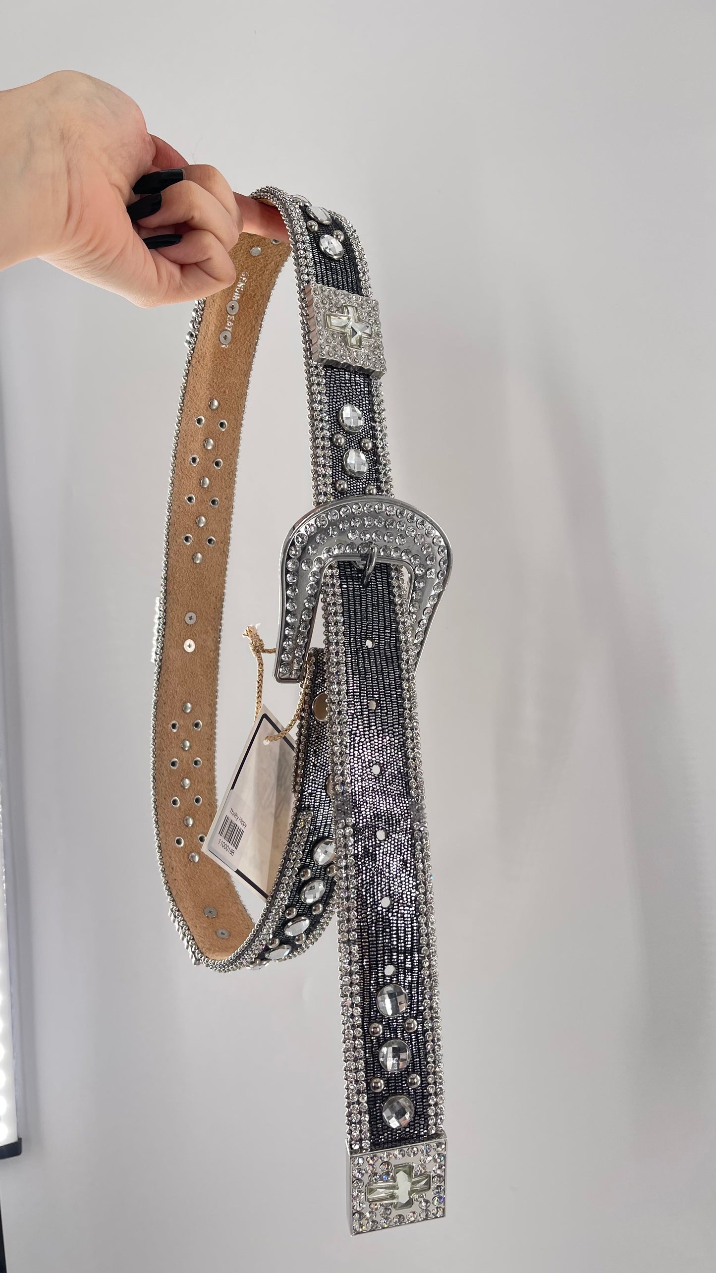 Free People Dark Silver Metallic Snake Print Belt covered in Crystal Embellishments and Heavy Metal Crosses (M)