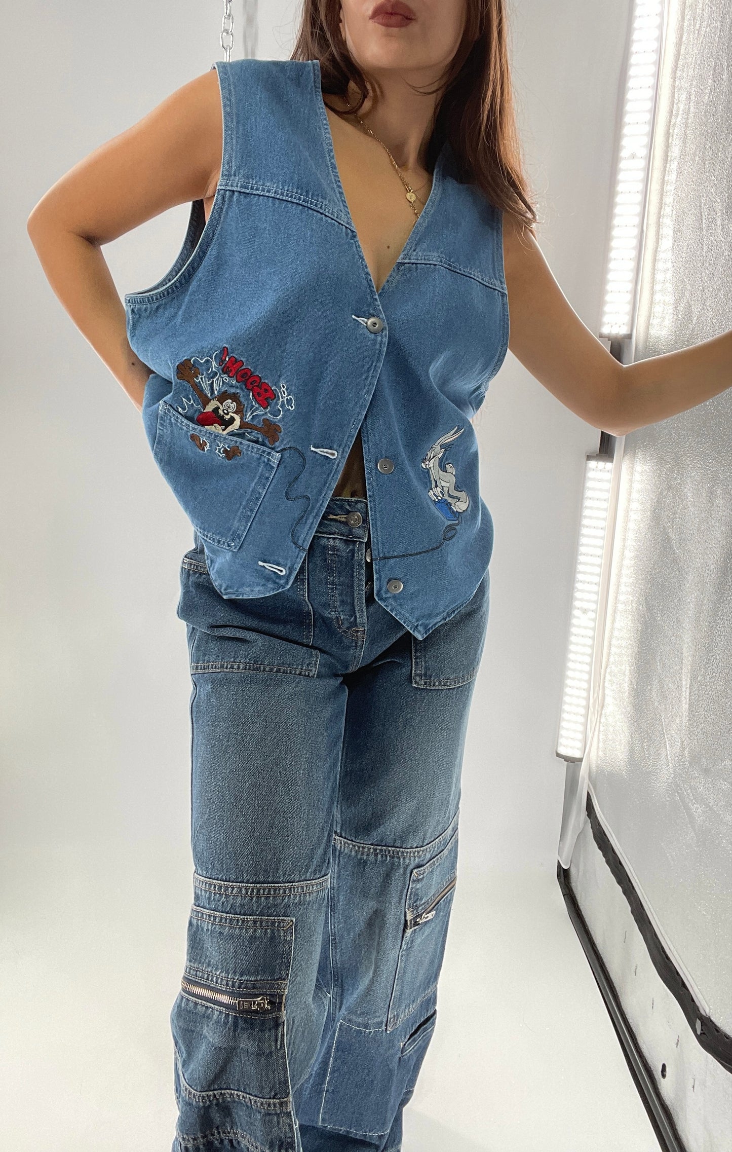 Vintage Looney Tunes Denim Vest with Embroidered Characters (Large)