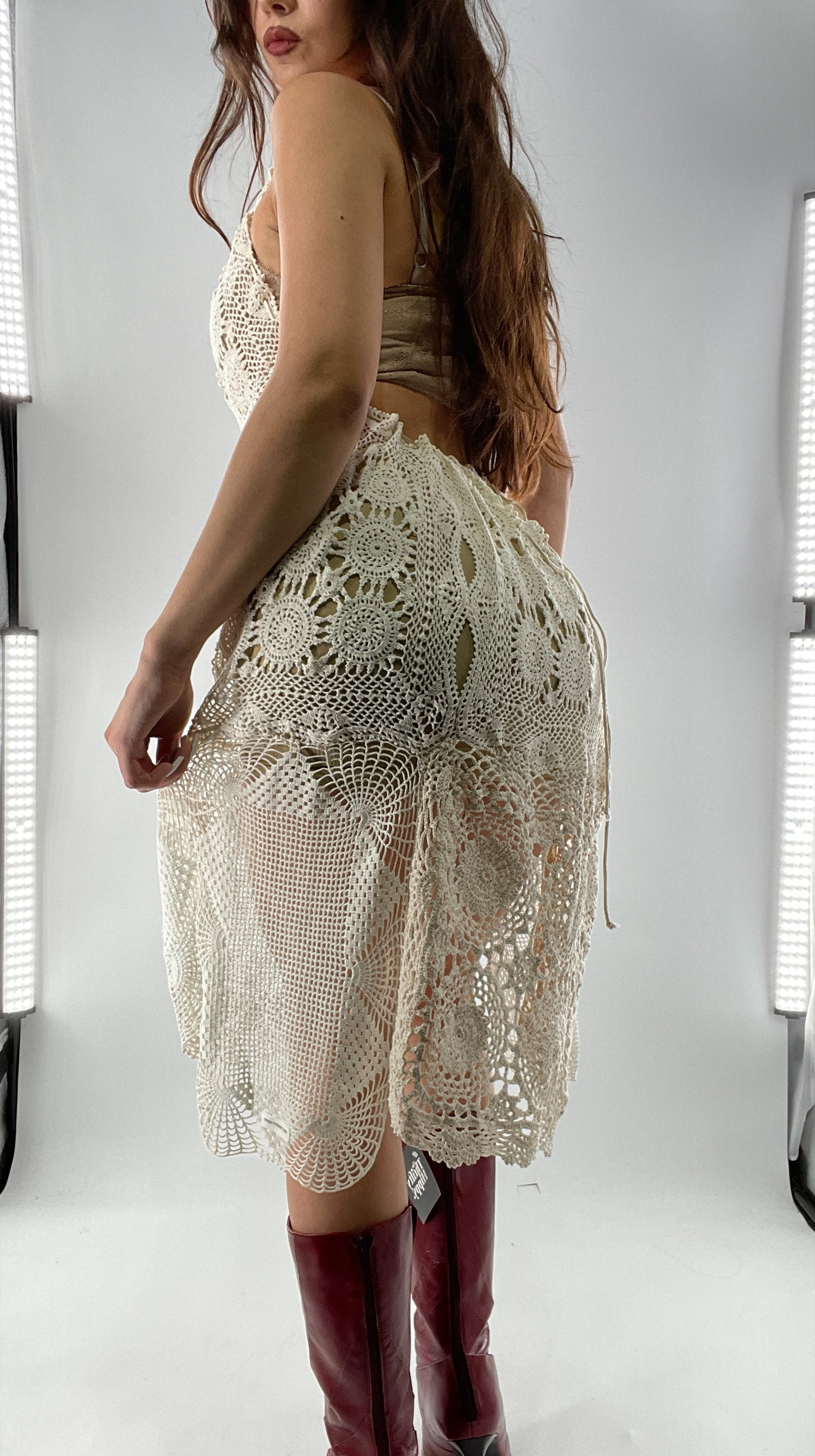 Vintage Handmade Crochet Cottage Adjustable Dress with Open, Low Back (One Size)