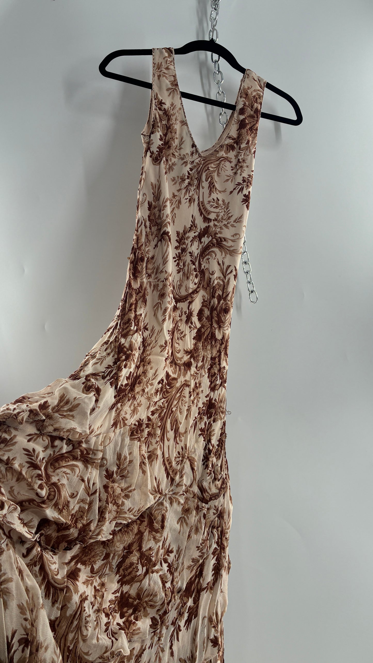 Vintage MAJICK 1990s Brown Floral, Asymmetric Ruffled Hem Gown with Embroidered Sequin Details (Medium)