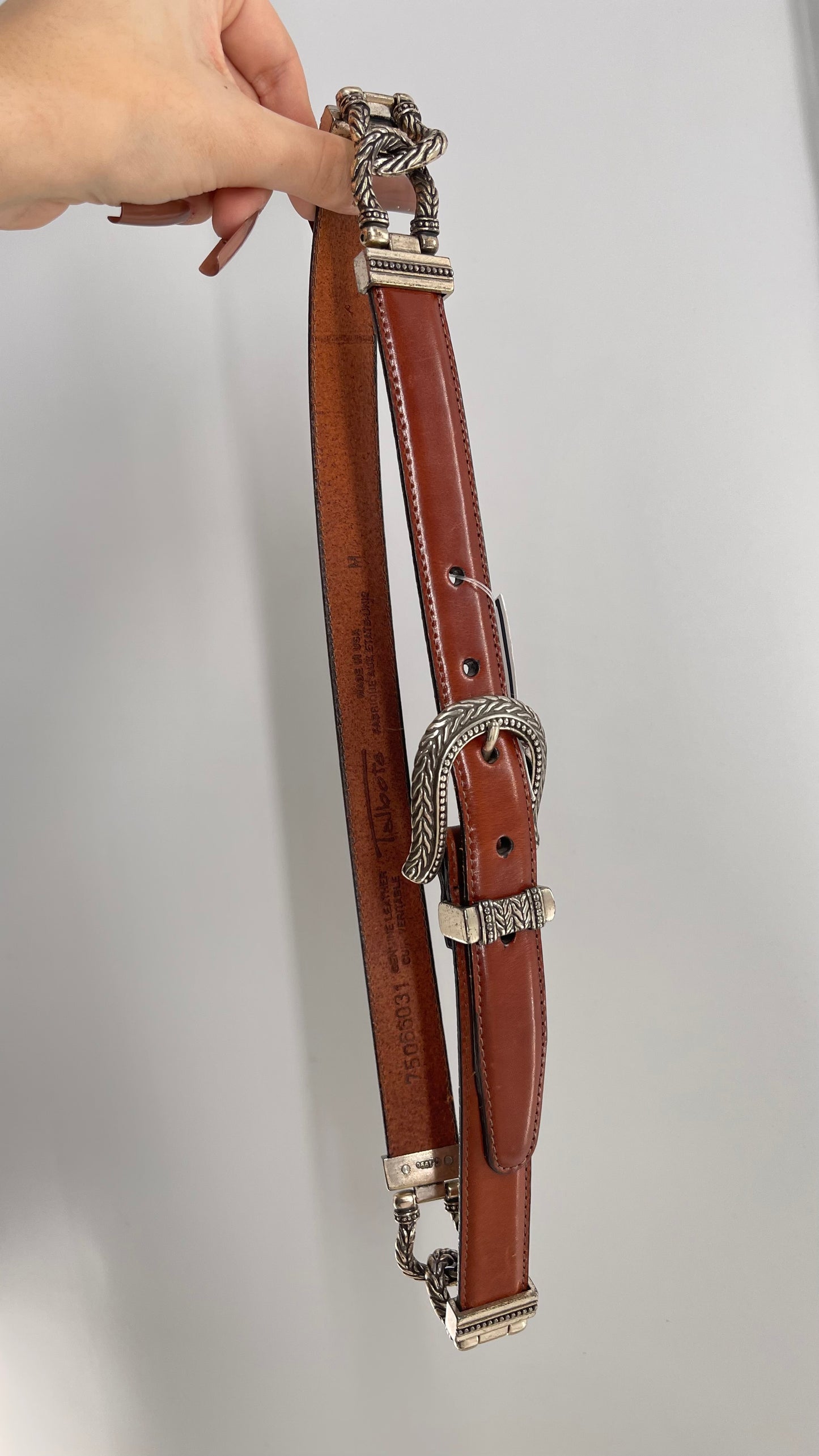 Vintage 1996 Brown Leather Skinny Belt with Western Style Silver Engraved Buckle (Medium)