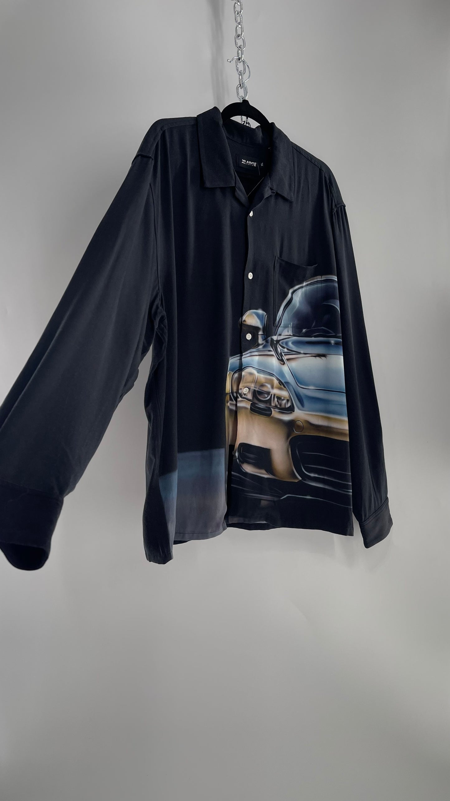 XLARGE Black 100% Rayon Men’s Button Up with HD Futuristic Car Graphic (XL)
