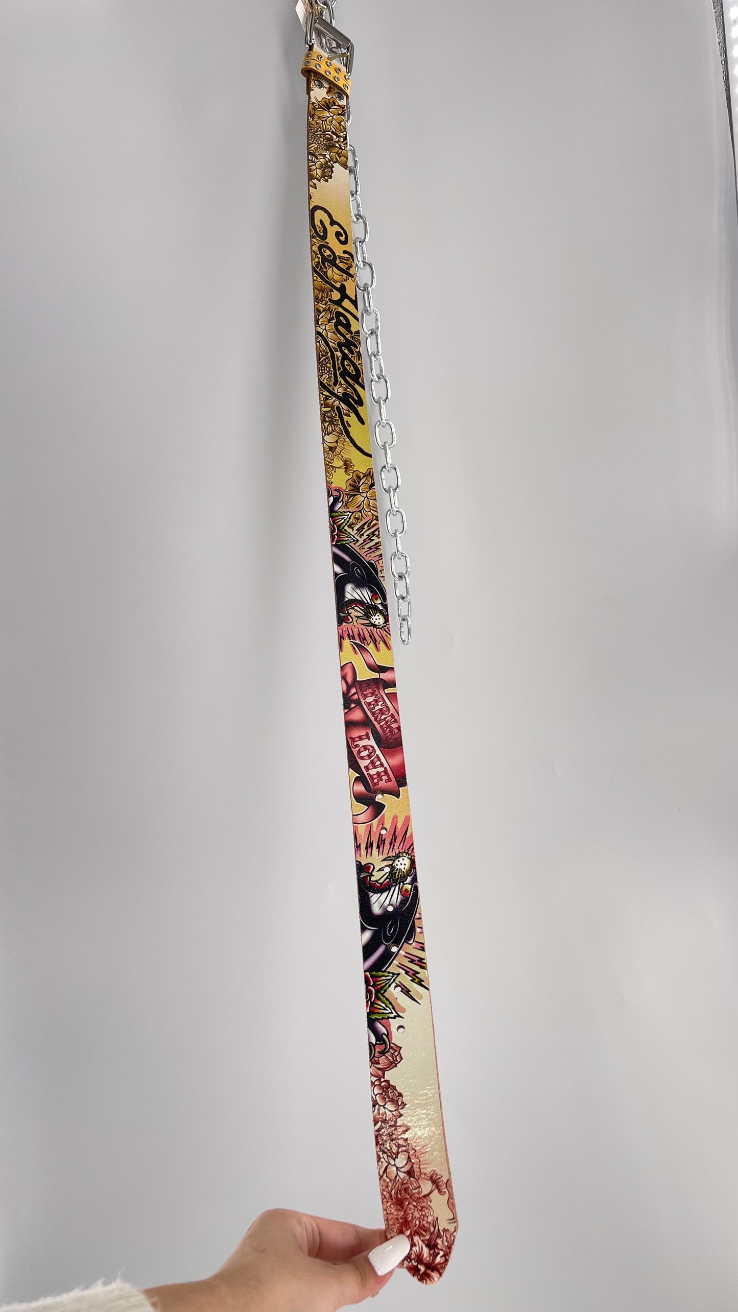 Ed Hardy Genuine Leather Belt with Rhinestones and Jaguars (M)