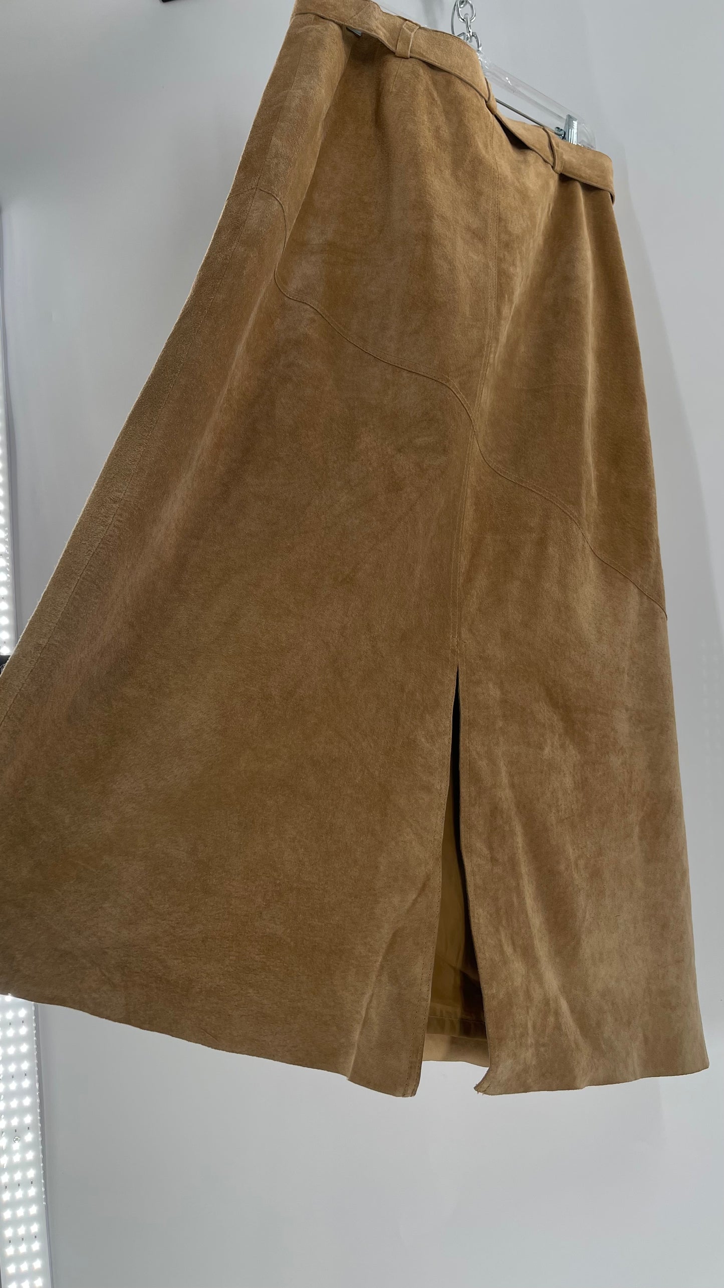 Vintage Margaret Godfrey Tan Suede Low Rise Full Length Skirt with Grommet Belt (14)