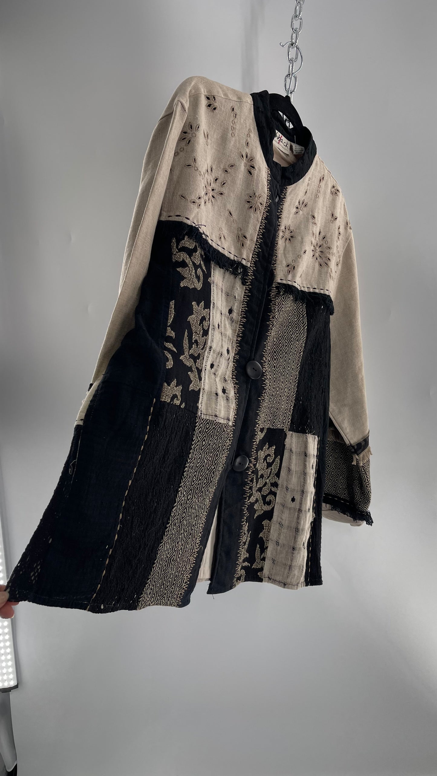 Deadstock Vintage Flashback Patchwork Coat with Mixed Neutral Fabrics, Embroidery and Fringe Details (Large)